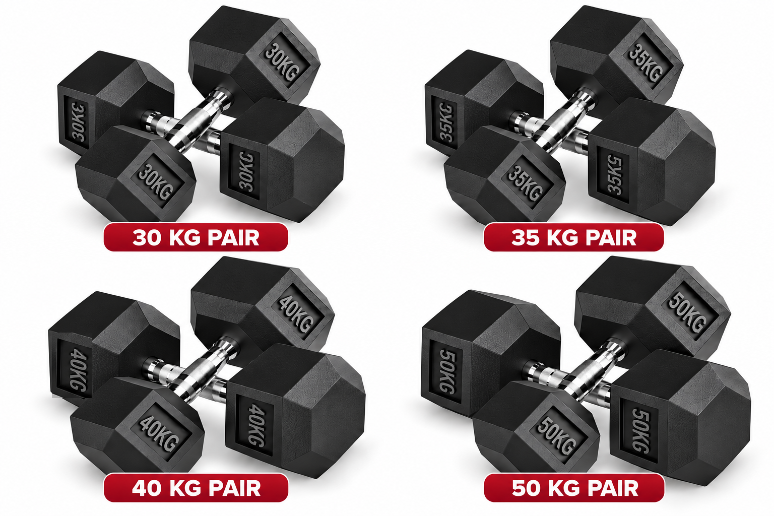 Rubber Hex Dumbbells Package 30 | 35 | 40 | 50 Kg Pairs = 310 Kg