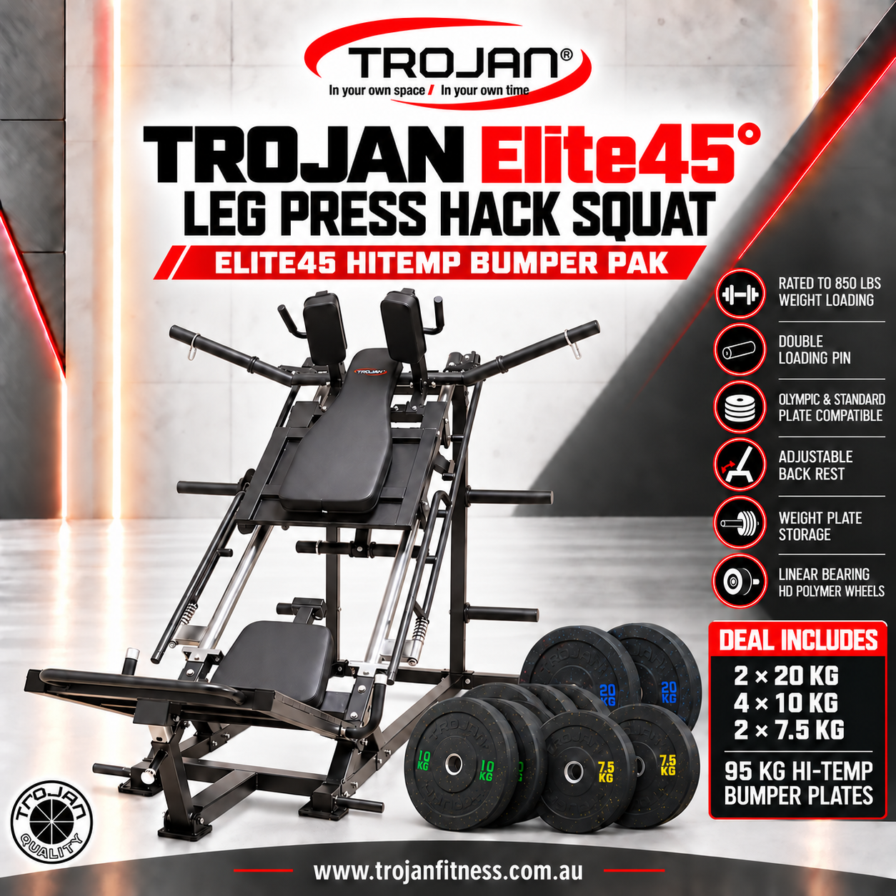 Elite V1 Dual Action 45° Degree Leg Press Hack Squat + 95 KG Hitemp Bumper Plates