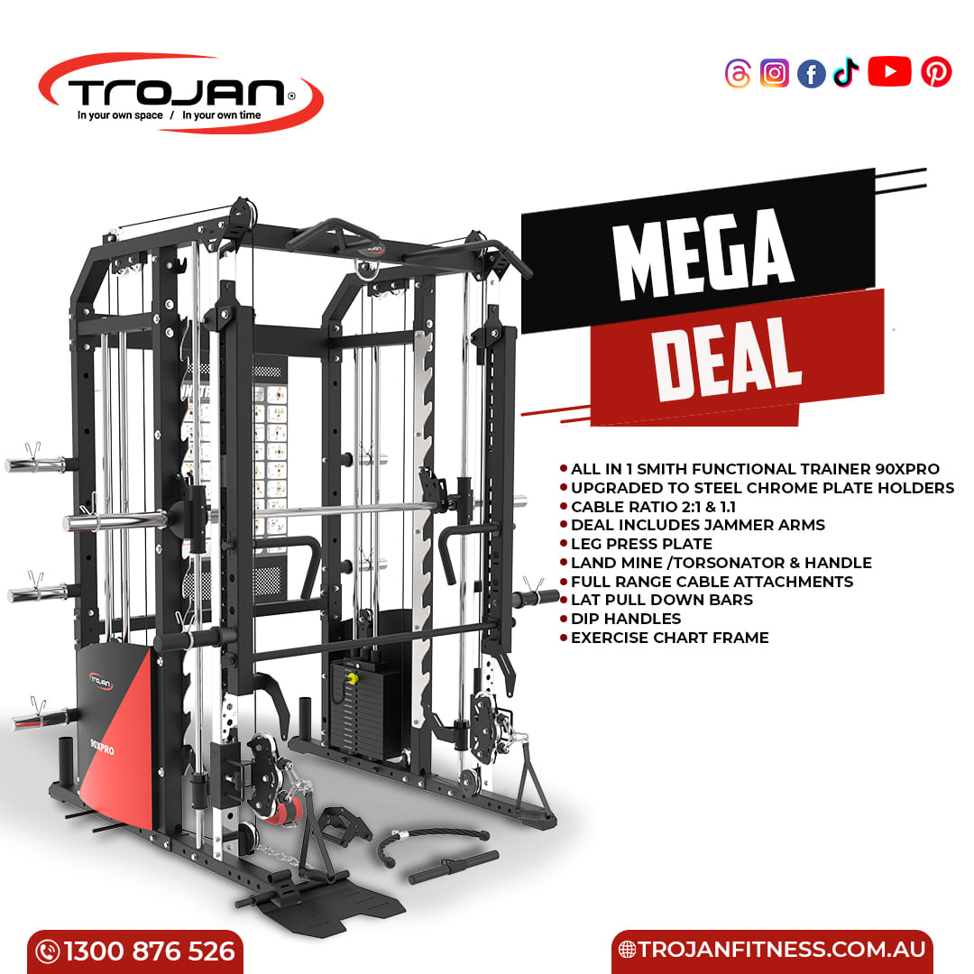 All in One Trainer 90XPRO Smith Functional Trainer 1:1 & 2:1 Cable Ratio + Leg Press NEW & Jammer Arms