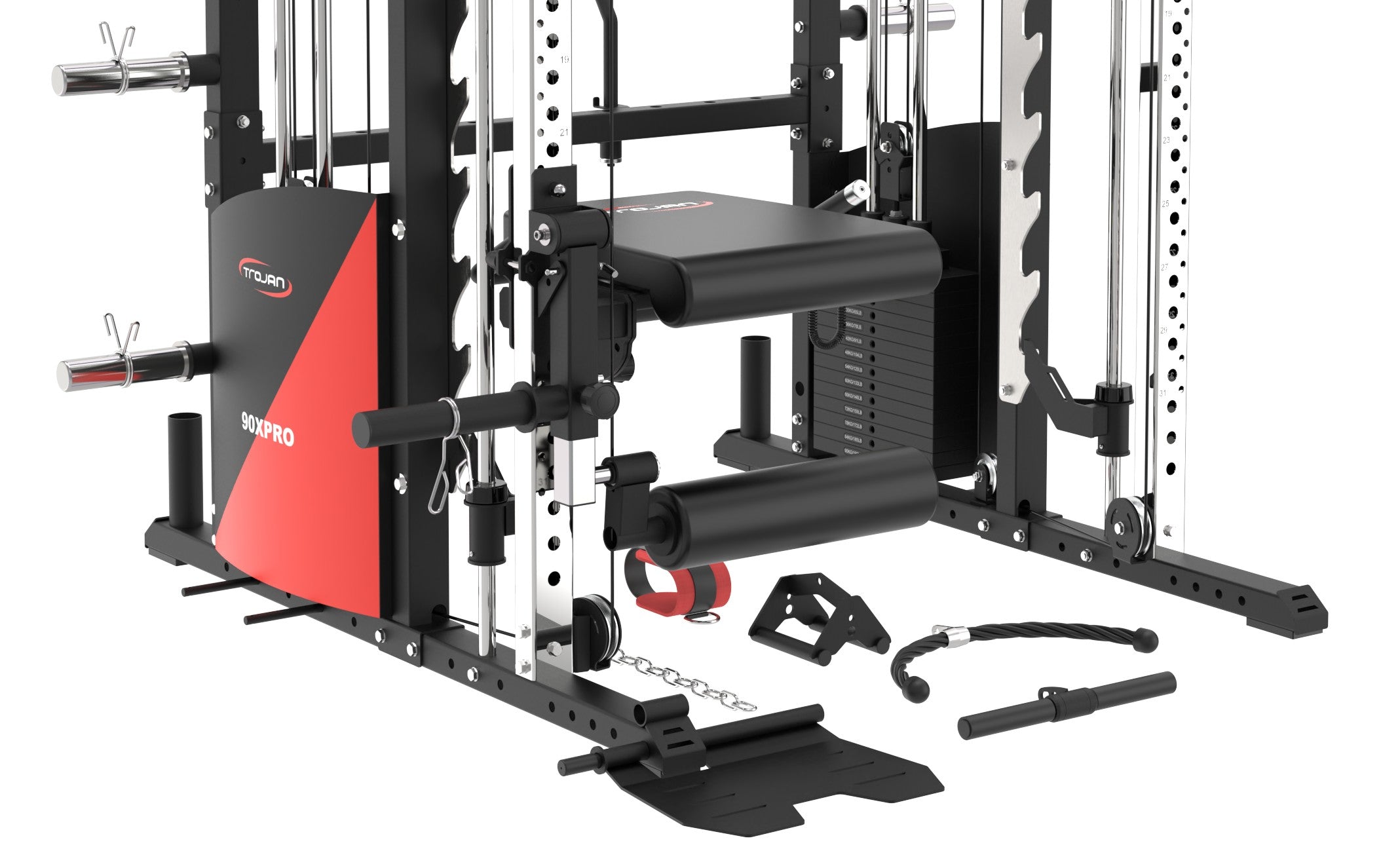 All in One Trainer 90XPRO Smith Functional Trainer 1:1 & 2:1 Cable Ratio + Leg Press + Seated Leg Ext Bench