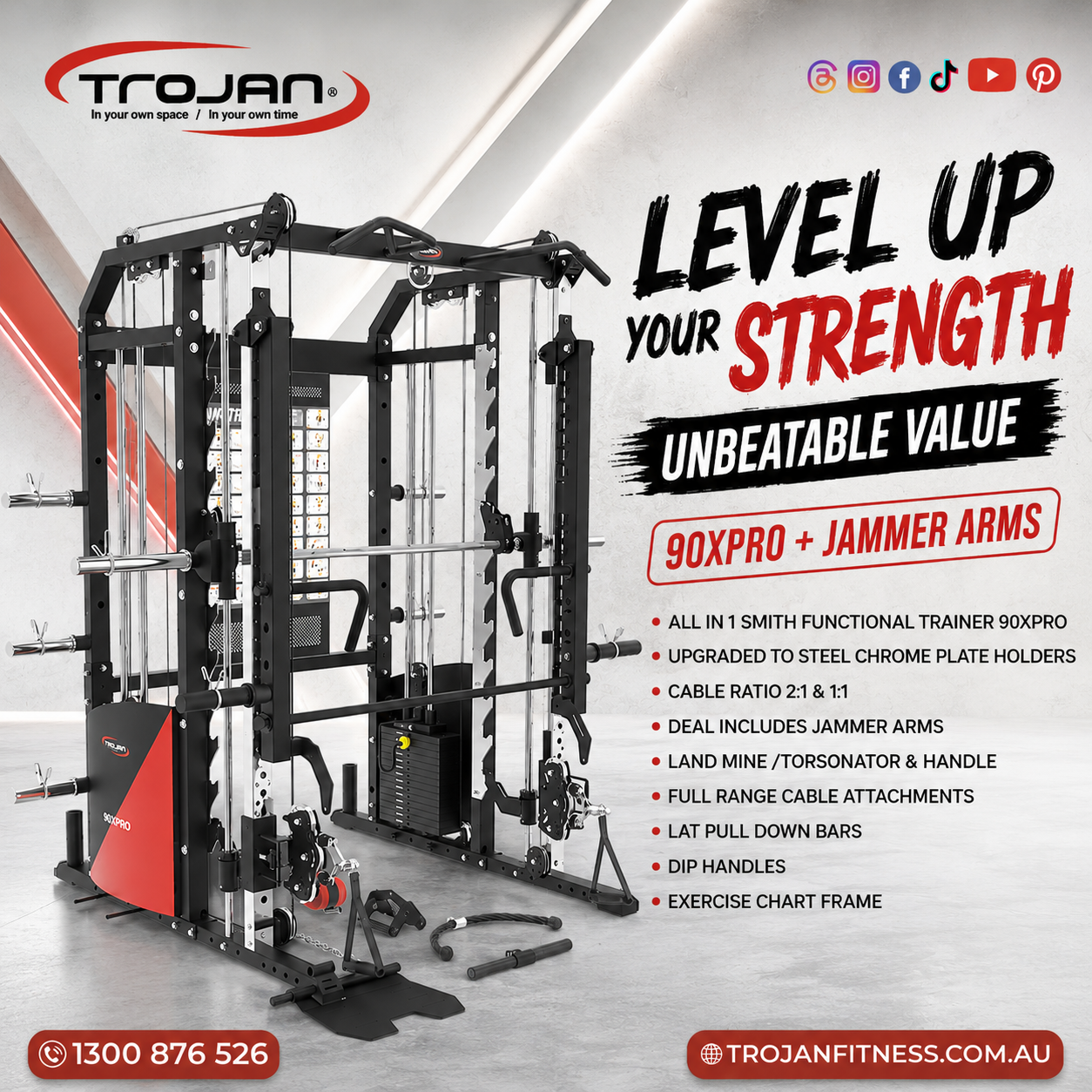 All in One Trainer 90XPRO Smith Functional Trainer 1:1 & 2:1 Cable Ratio + Jammer Arms