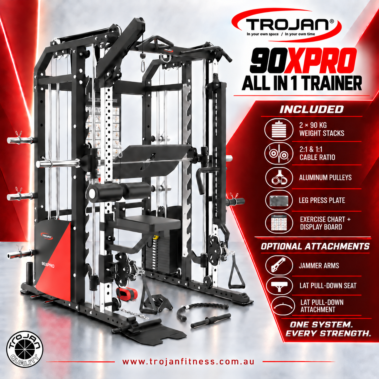 All in One Trainer 90XPRO Smith Functional Trainer 1:1 & 2:1 Cable Ratio