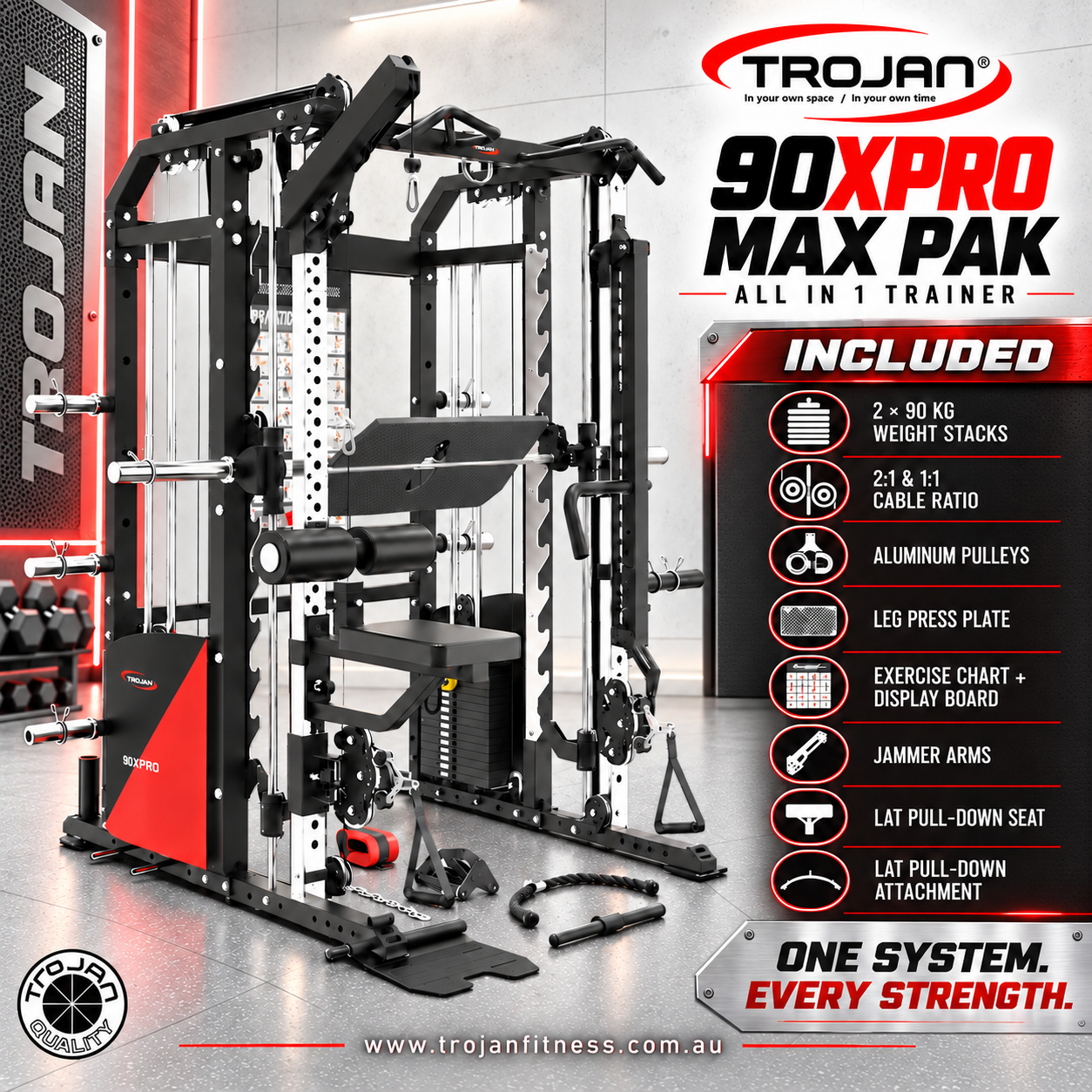All in One Trainer 90XPRO Smith Functional Trainer 1:1 & 2:1 Cable Ratio + MAXPAK