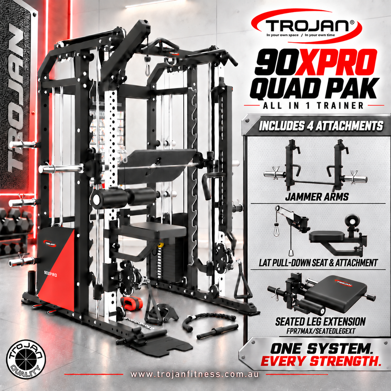 All in One Trainer 90XPRO Smith Functional Trainer 1:1 & 2:1 Cable Ratio QUADPAK
