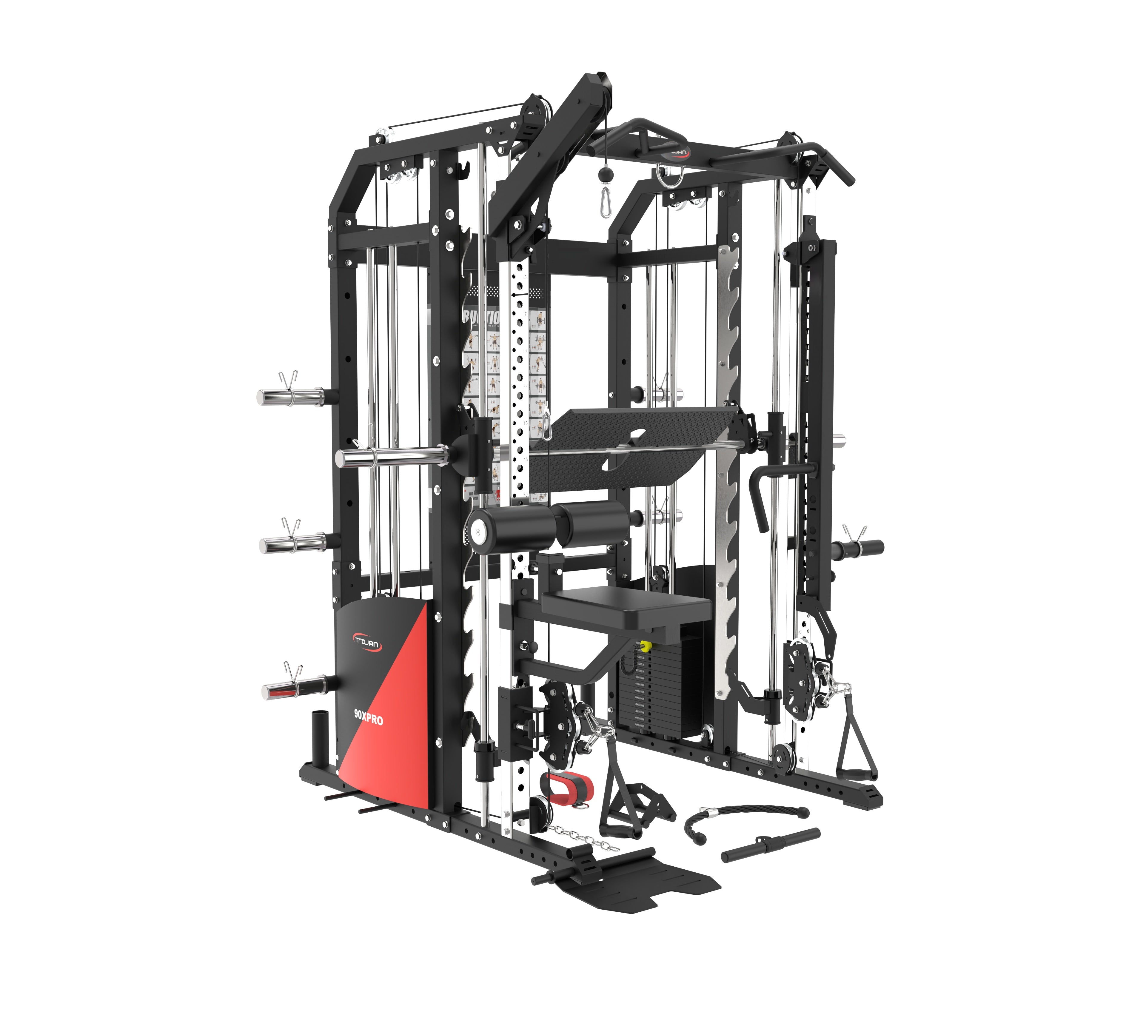 All in One Trainer 90XPRO Smith Functional Trainer 1:1 & 2:1 Cable Ratio + Leg Press + Seat & Lat Pull + Jamers