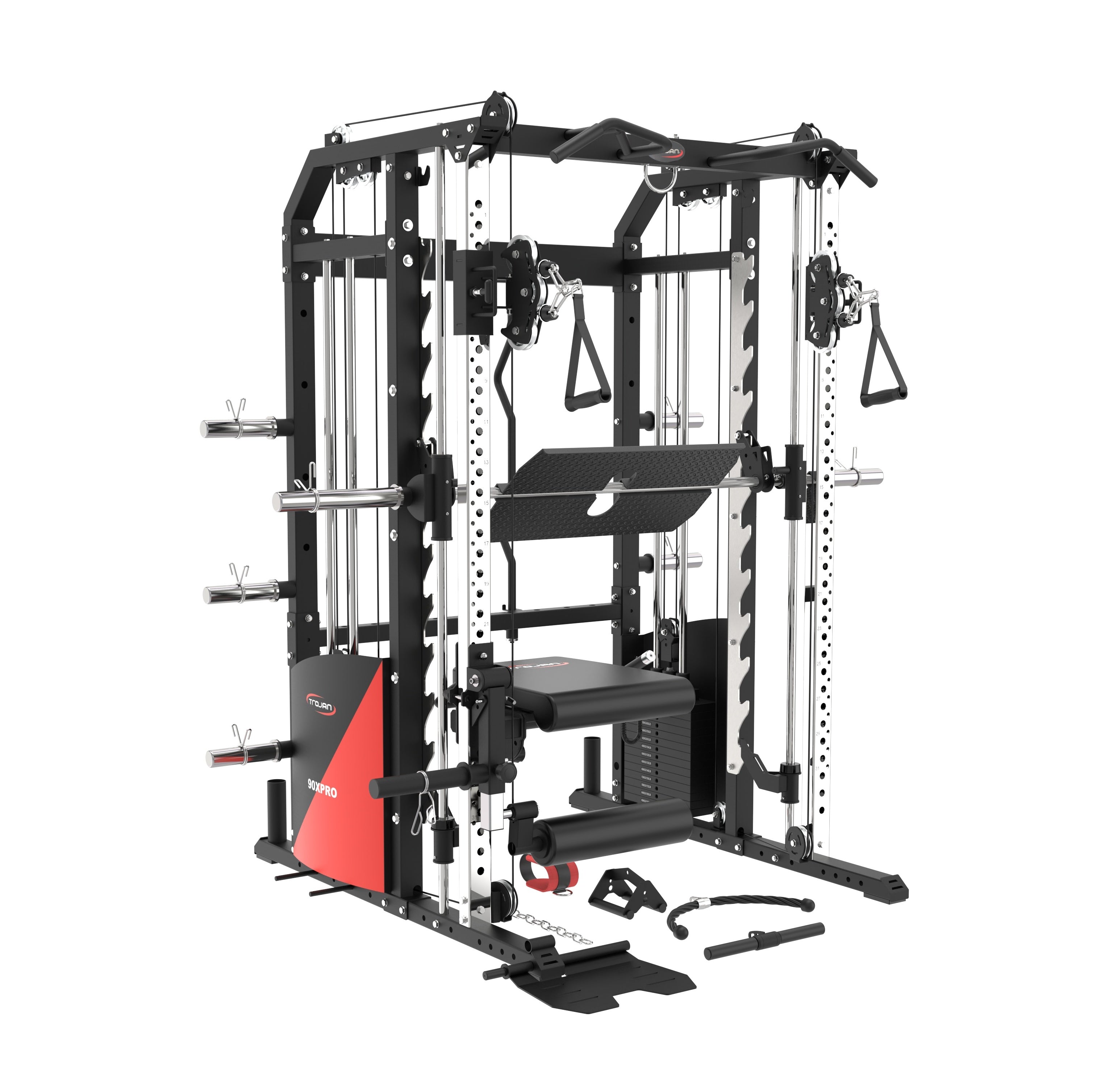 All in One Trainer 90XPRO Smith Functional Trainer 1:1 & 2:1 Cable Ratio + Leg Press + Seated Leg Ext Bench