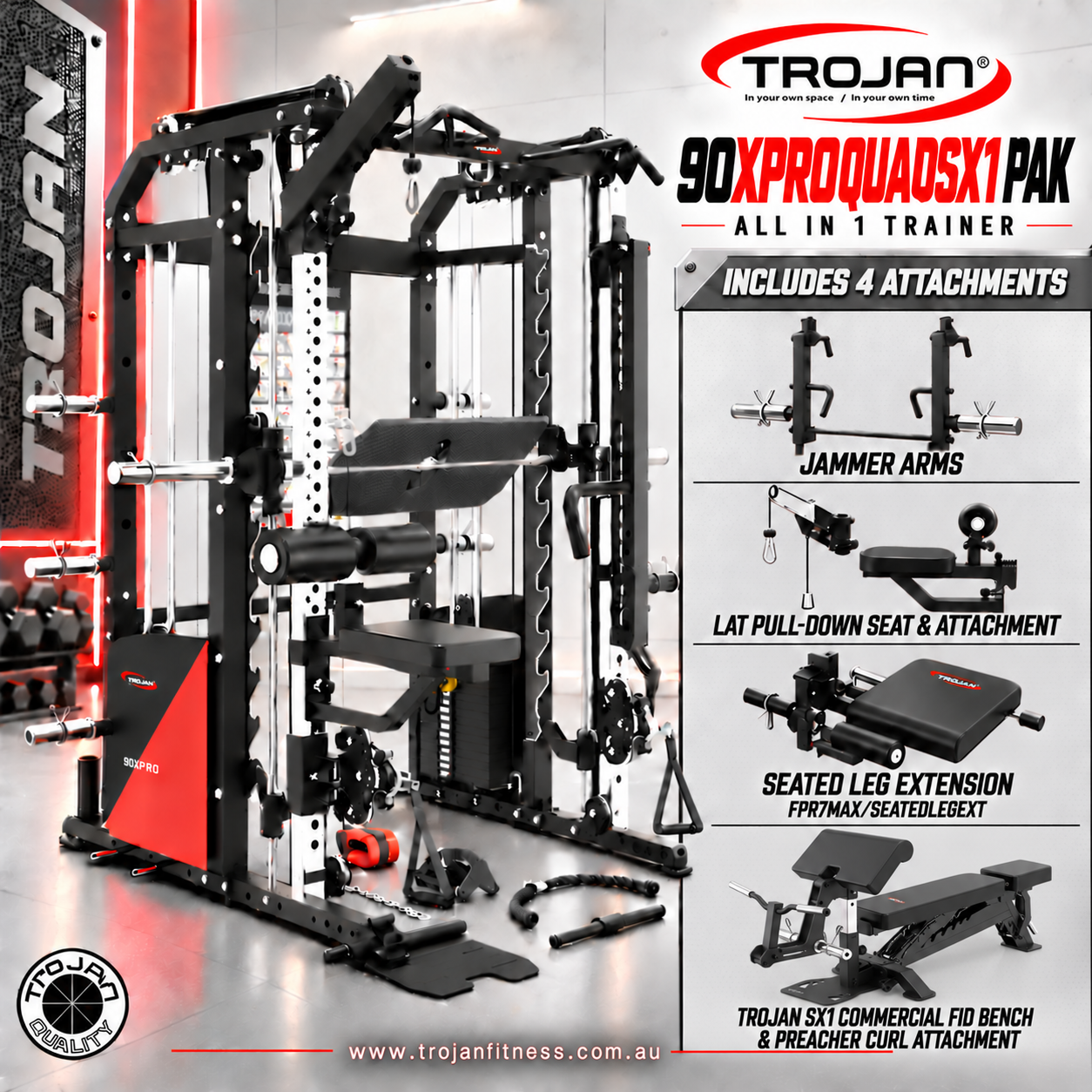 All in One Trainer 90XPRO Smith Functional Trainer 1:1 & 2:1 Cable Ratio QUAD SX1 PAK