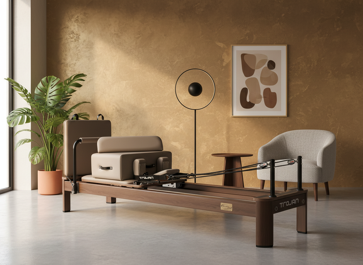 Premium Beige Aluminum Pilates Reformer – Wood-Effect Surface