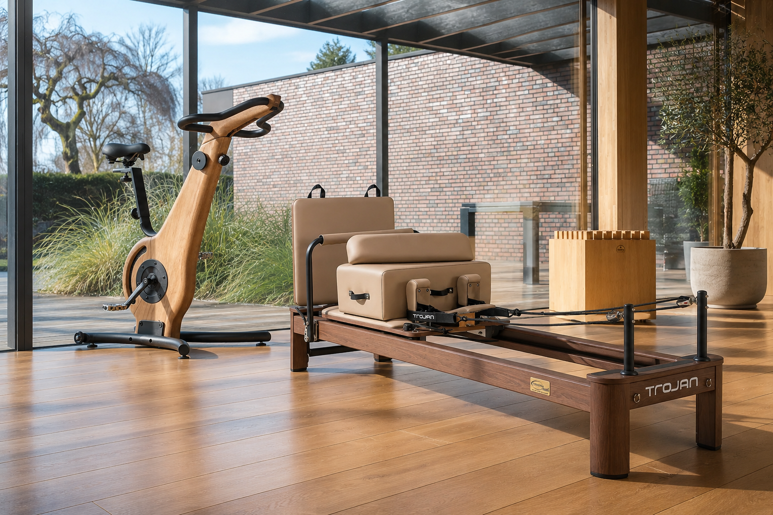 Premium Beige Aluminum Pilates Reformer Walnut Finish + NOHRD Vintage Bike Pak