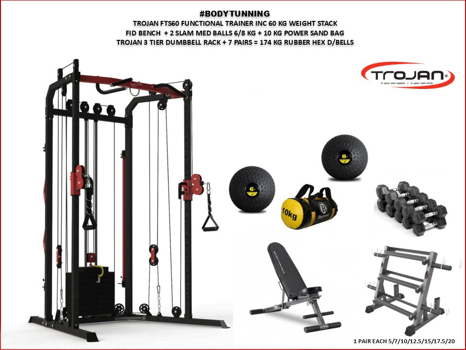 Functional Cable Cross Trainer 60 Kg Stack Flat Bench +  Med Balls + 174 Kg D/Bells & Rack