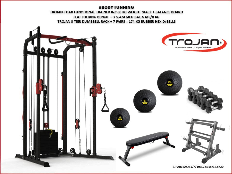 Functional Cable Cross Trainer 60 Kg Stack Flat Bench + 3 Med Balls + 174 Kg D/Bells & Rack