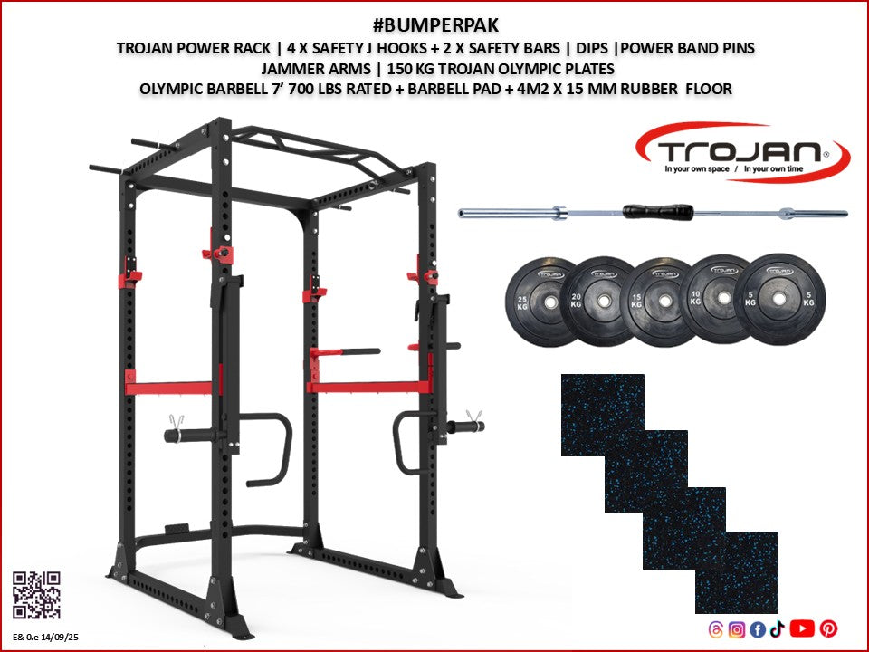Power Rack Jamer Arms + 150 Kg Bumpers + 7' Barbell + Rubber Floor
