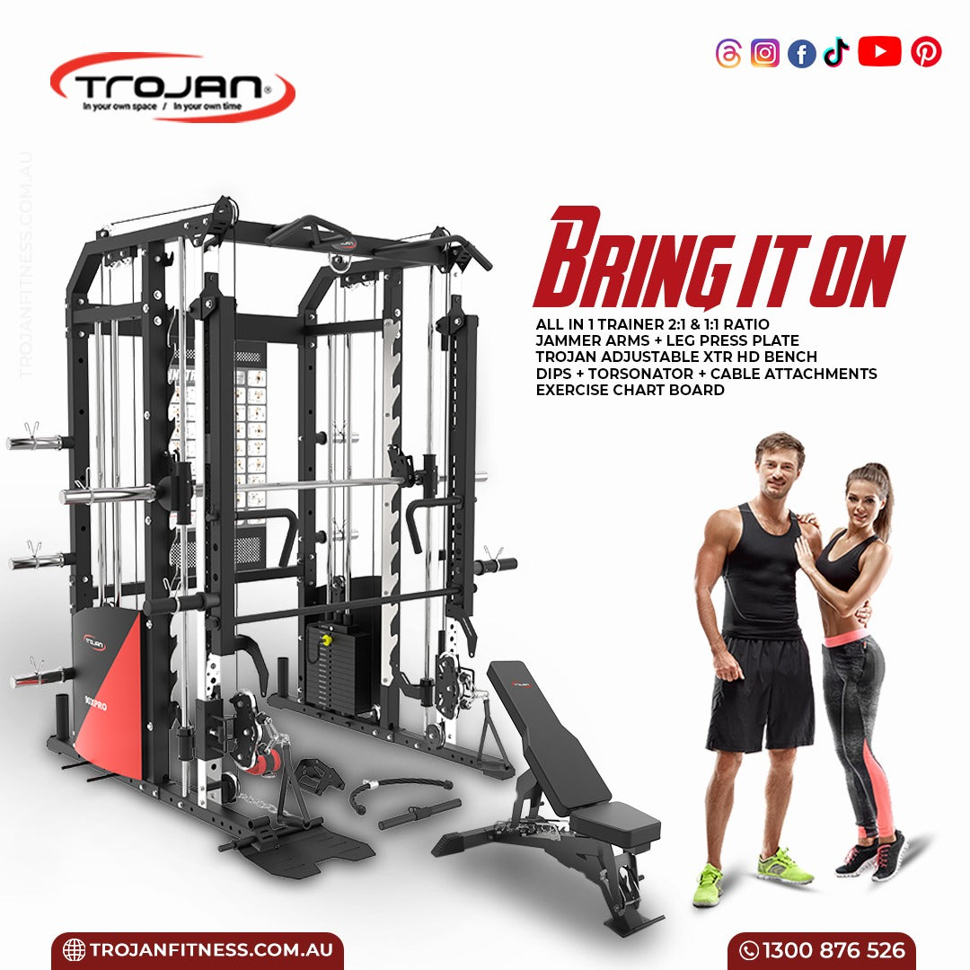 All in One Trainer 90XPRO Smith Functional Trainer 1:1 & 2:1 Cable Ratio + Leg Press + XTR Bench + Jammer Arms