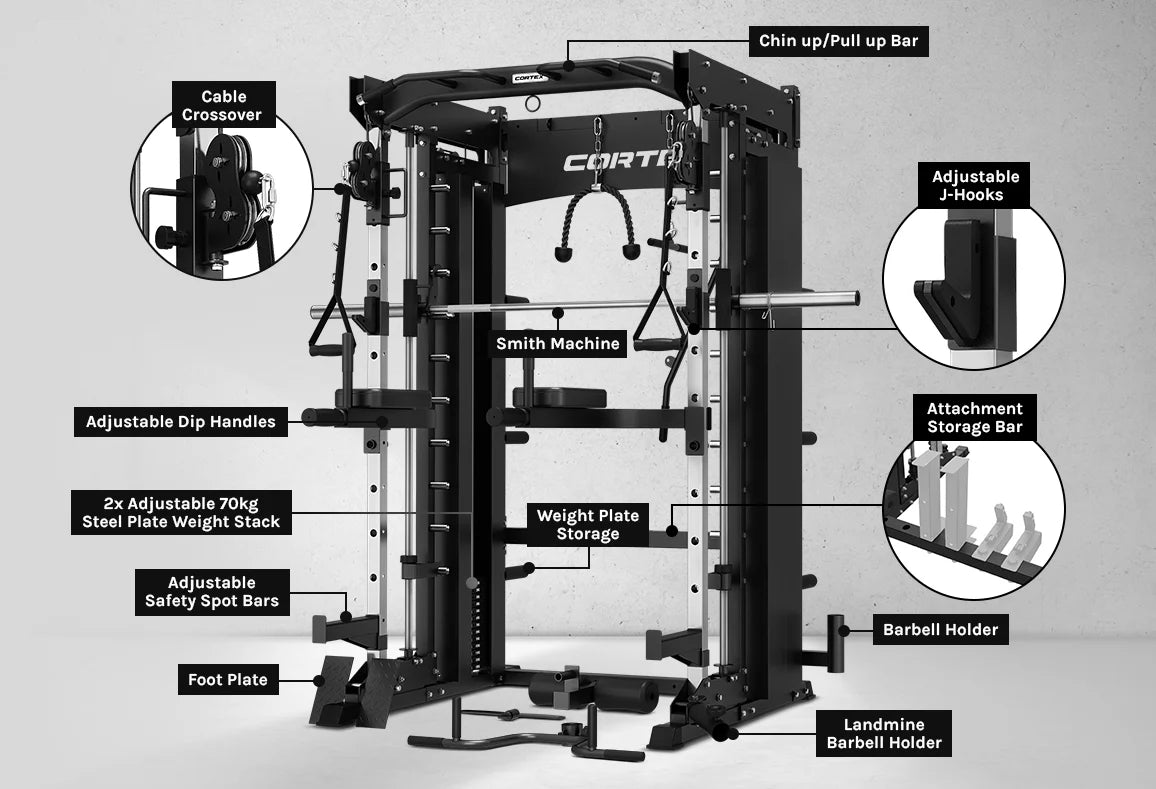 CORTEX SM26 Multi Gym Dual Stack Functional Trainer, Smith Machine, Half Rack
