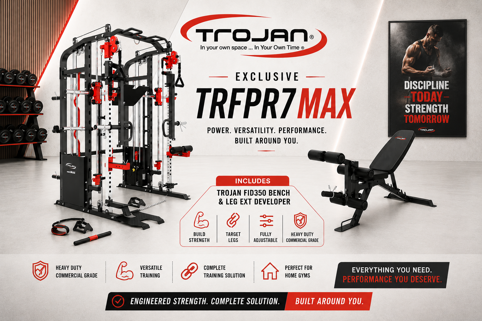 Smith Machine Functional Trainer FPR7MAX + 2 X 72 Kg Weight Stacks + Leg Press Attachment FID Bench & Leg Ext
