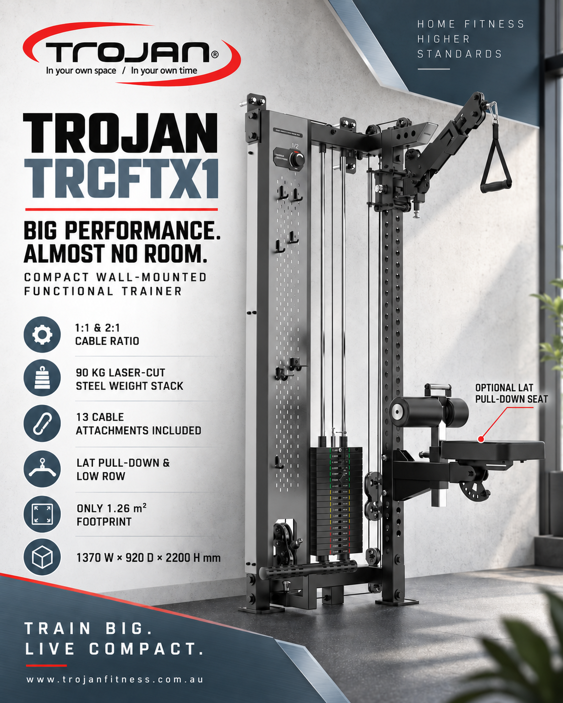 TRCFT-X1 ELITE Functional Trainer | Wall-Mounted Dual Cable System | 90kg Stack | 1:1 - 2:1 Cable Ratio
