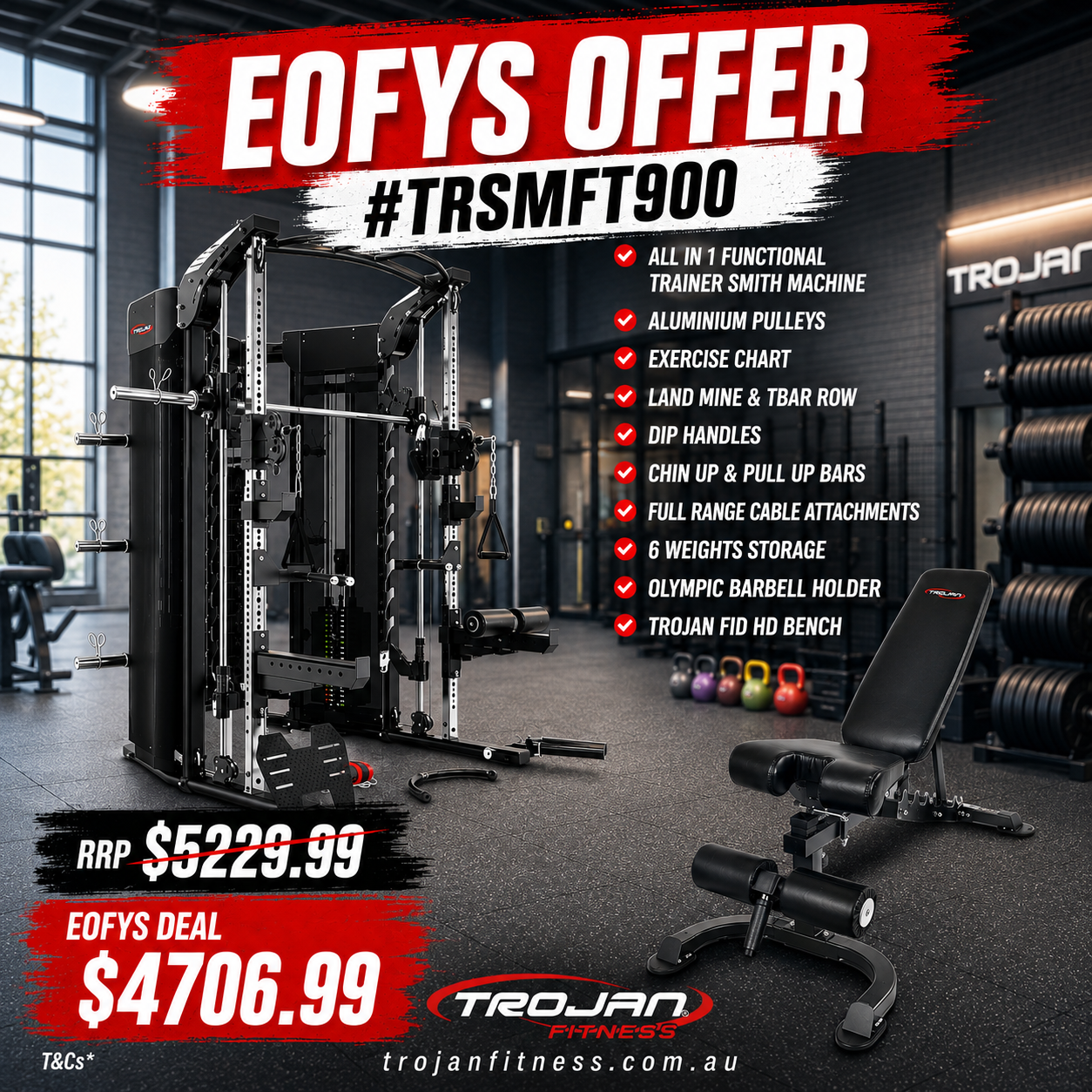 Trojan TRSM900FT Smith All in 1 Functional Trainer Leg Press + FREE FID Bench