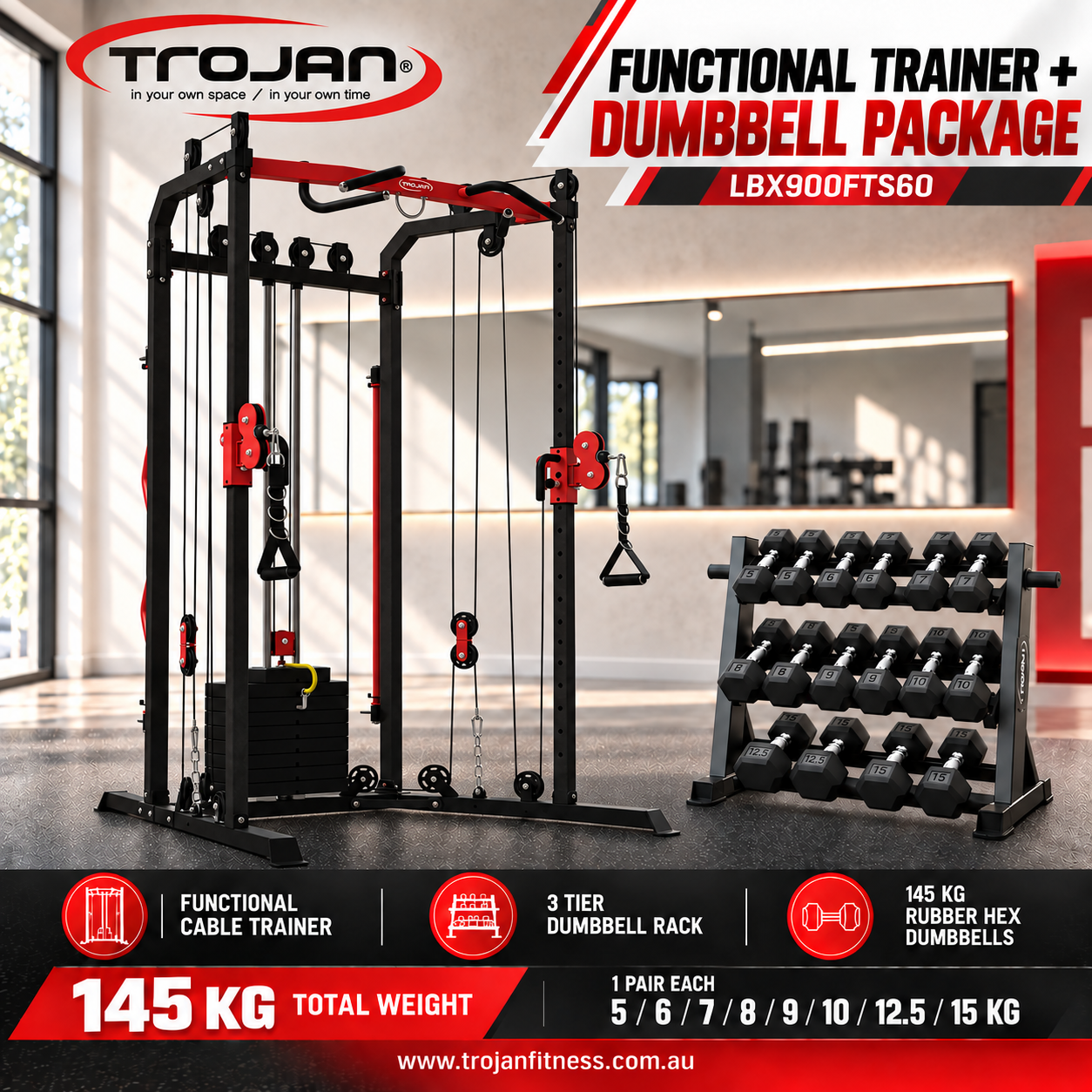Functional Cable Cross Trainer + 60 Kg Weight Stack + 3 Tier D/Bell RacK + 145 Kg D/bells