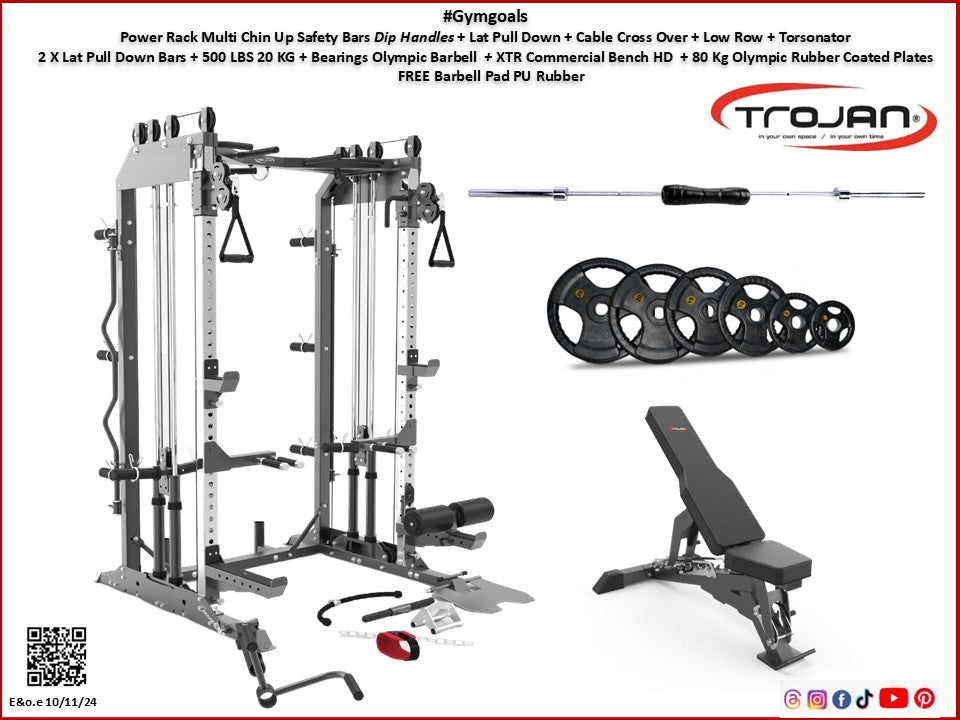 Power Rack Cable Cross Lat Pull Down Functional Trainer XTR Adjustable Bench 80 Kg Weights Barbell