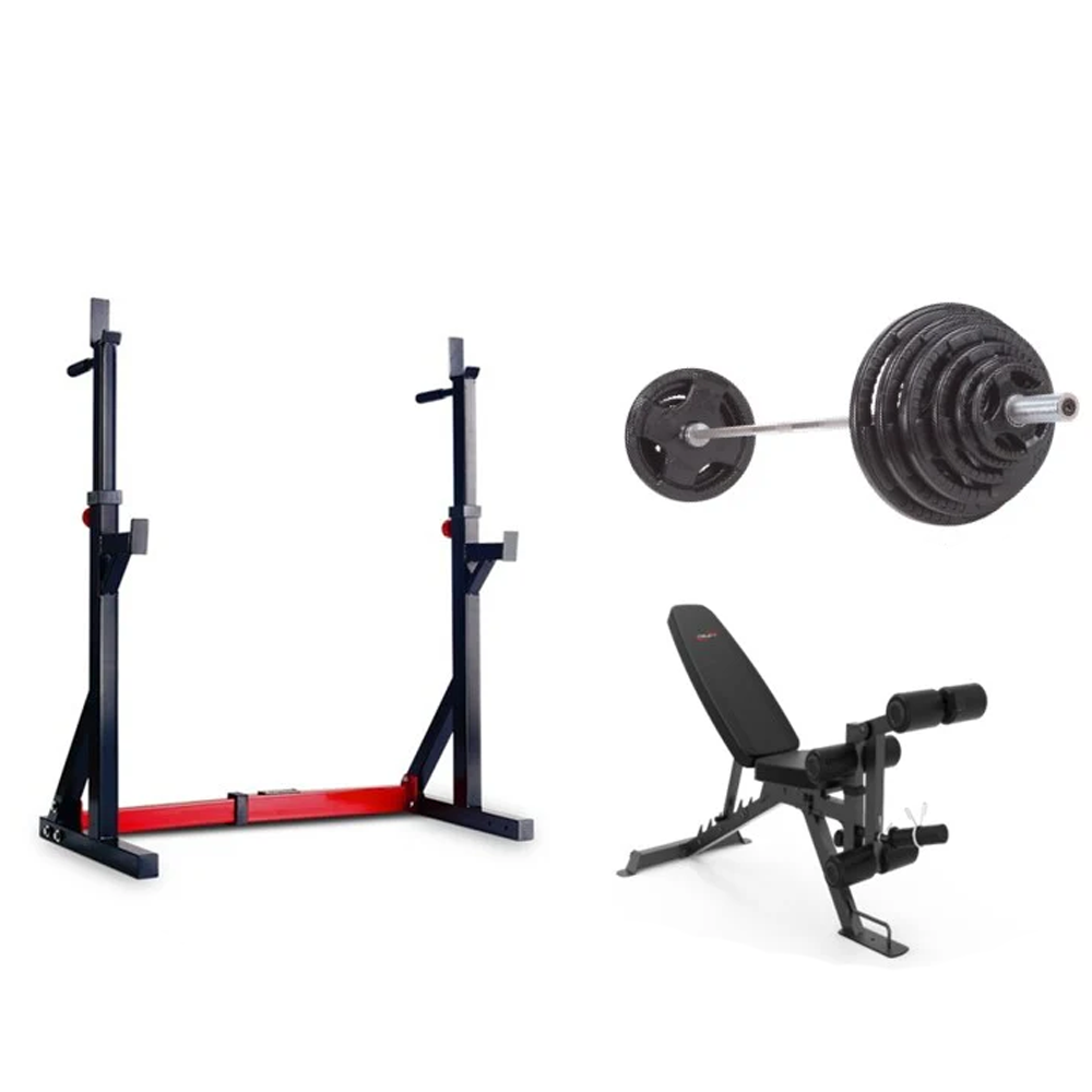 Half Rack FID Bench Leg Ext 15 Kg Oly Barbell + 30 Kg Olympic Plates