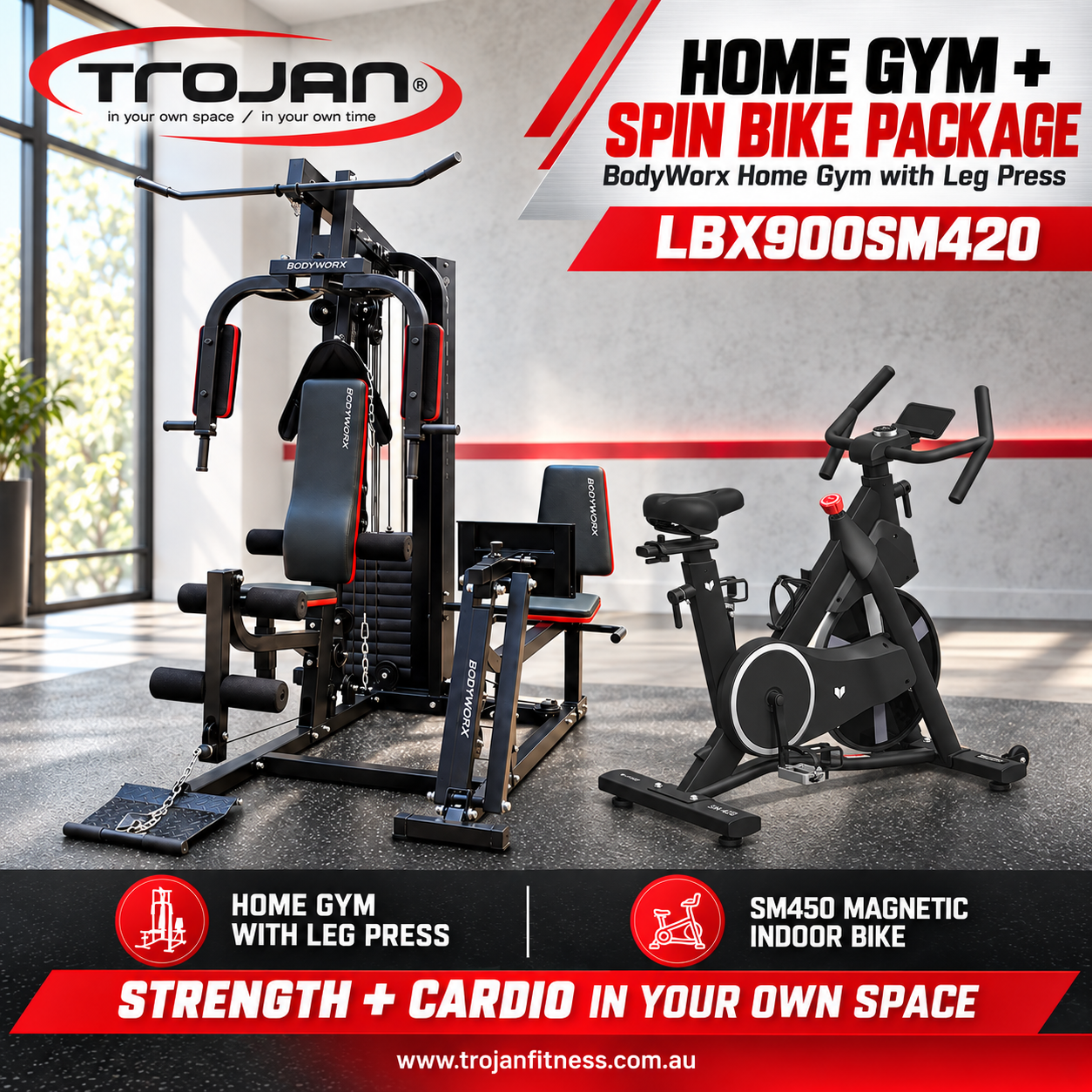 Home Gym with Leg Press BodyWorx LBX900LP & SM4200 Bike