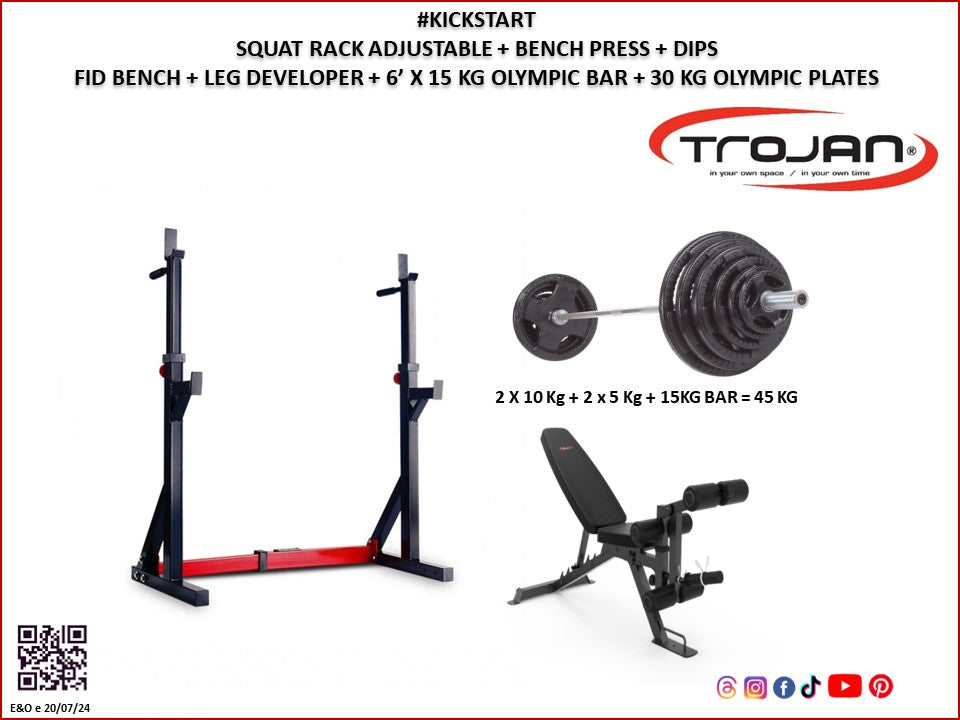 Half Rack FID Bench Leg Ext 15 Kg Oly Barbell + 30 Kg Olympic Plates