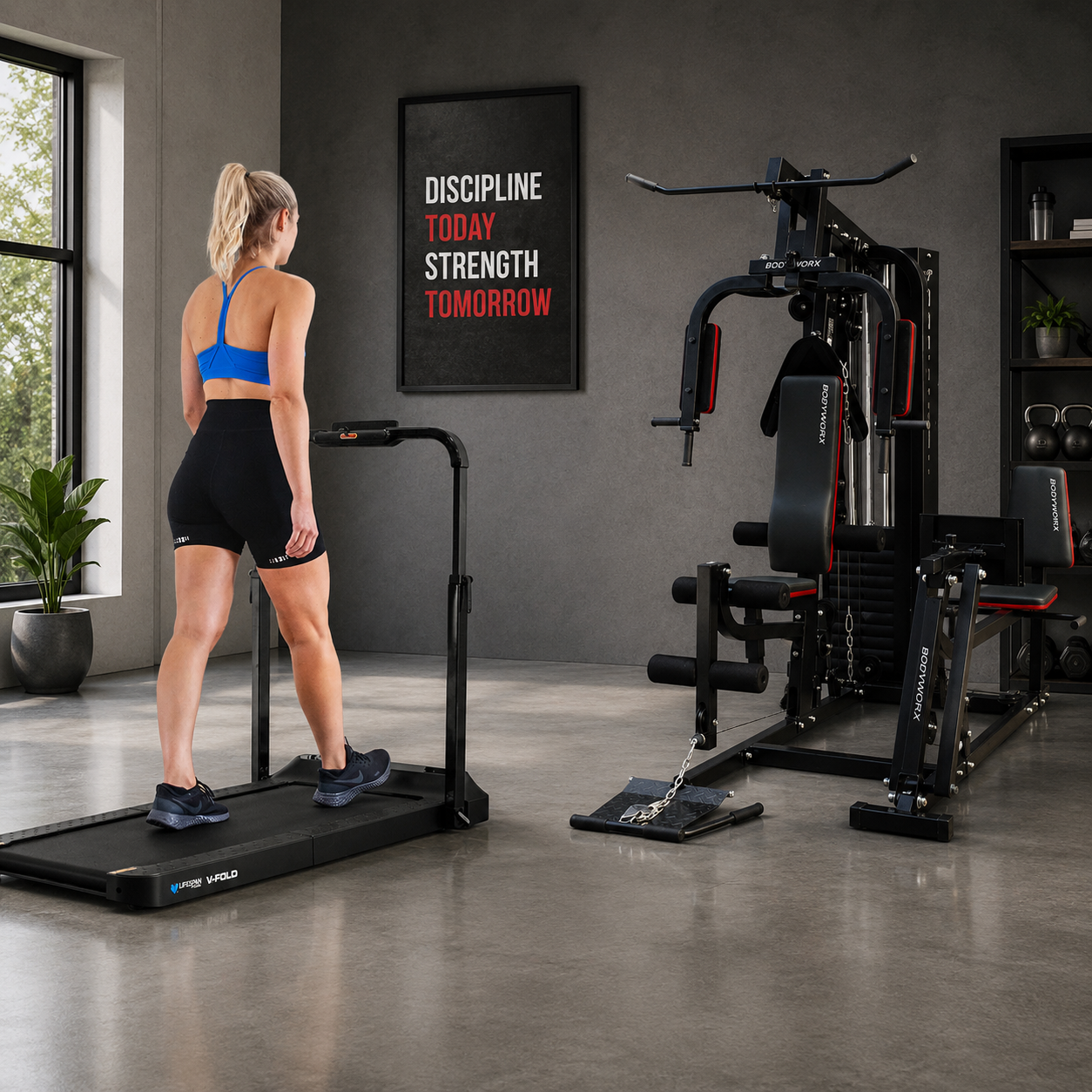 Home Gym with Leg Press BodyWorx LBX900LP & V Fold Treadmill