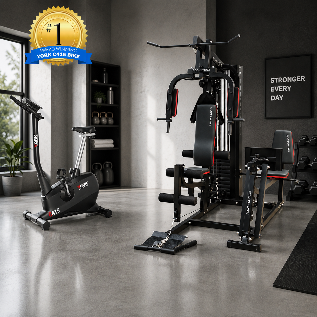 Home Gym with Leg Press BodyWorx LBX900LP & C415 York Bike