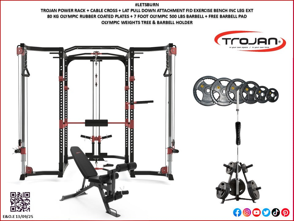 Power Rack Lat & Cable Cross + FID Bench + 80 Kg Plates + 7' Olympic Barbell 500 Lbs