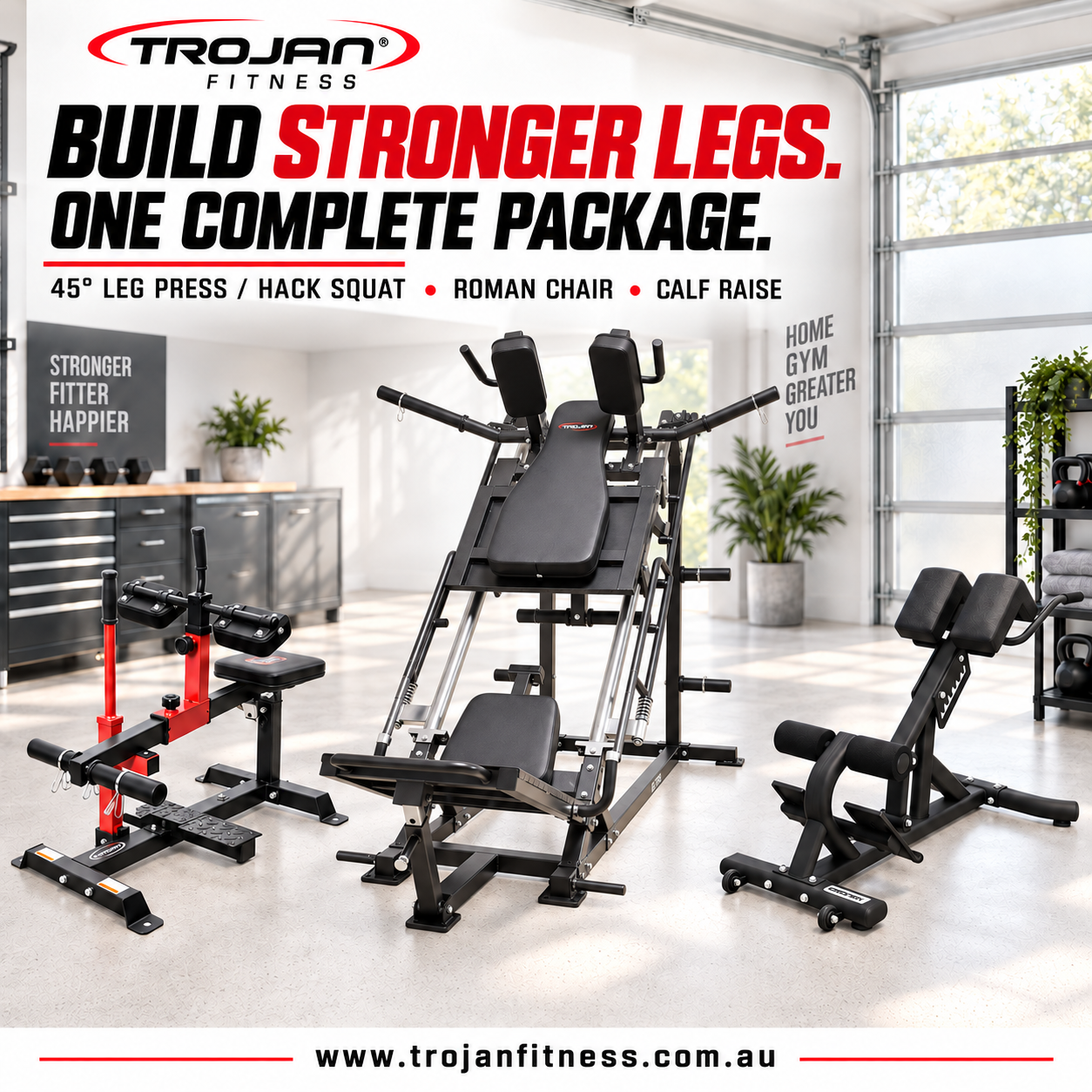Leg Press 45°Hack Squat + Seated Calf Raise + Reverse Hyper Ext Bench