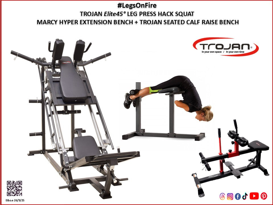 Leg Press 45°Hack Squat + Seated Calf Raise + Reverse Hyper Ext Bench