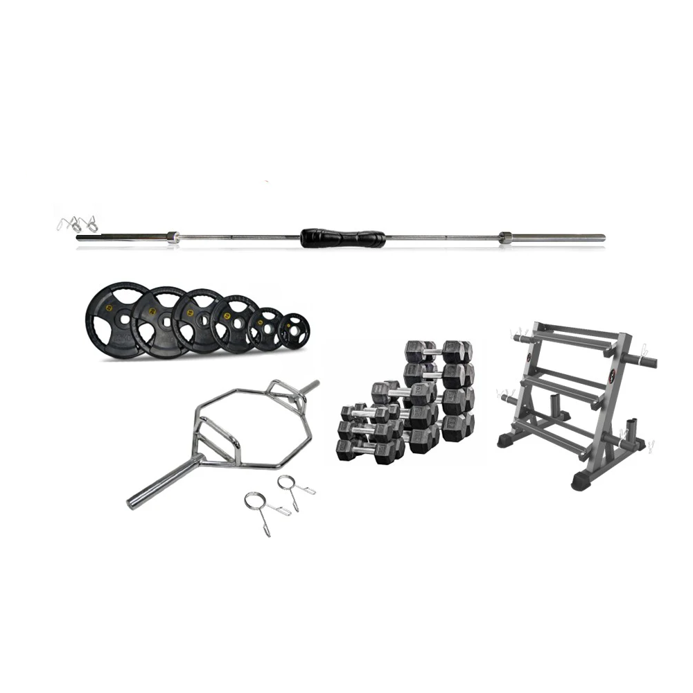 Olympic Lifting Combo: 90 Kg Plates + 20 Kg Barbell, 20 Kg Trap Bar, 220 Kg Dumbbells & Rack