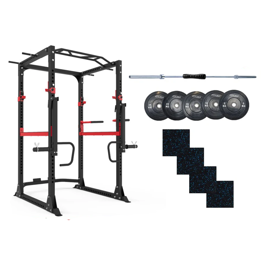 Power Rack Jamer Arms + 150 Kg Bumpers + 7' Barbell + Rubber Floor