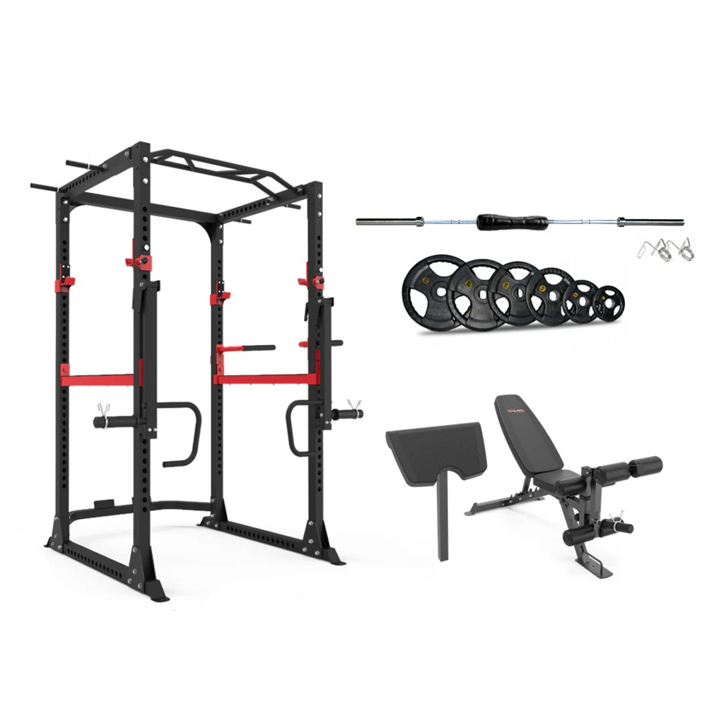 Power Rack & Jammer Arms + FID Bench 80 Kg Plates 7' Olympic Barbell