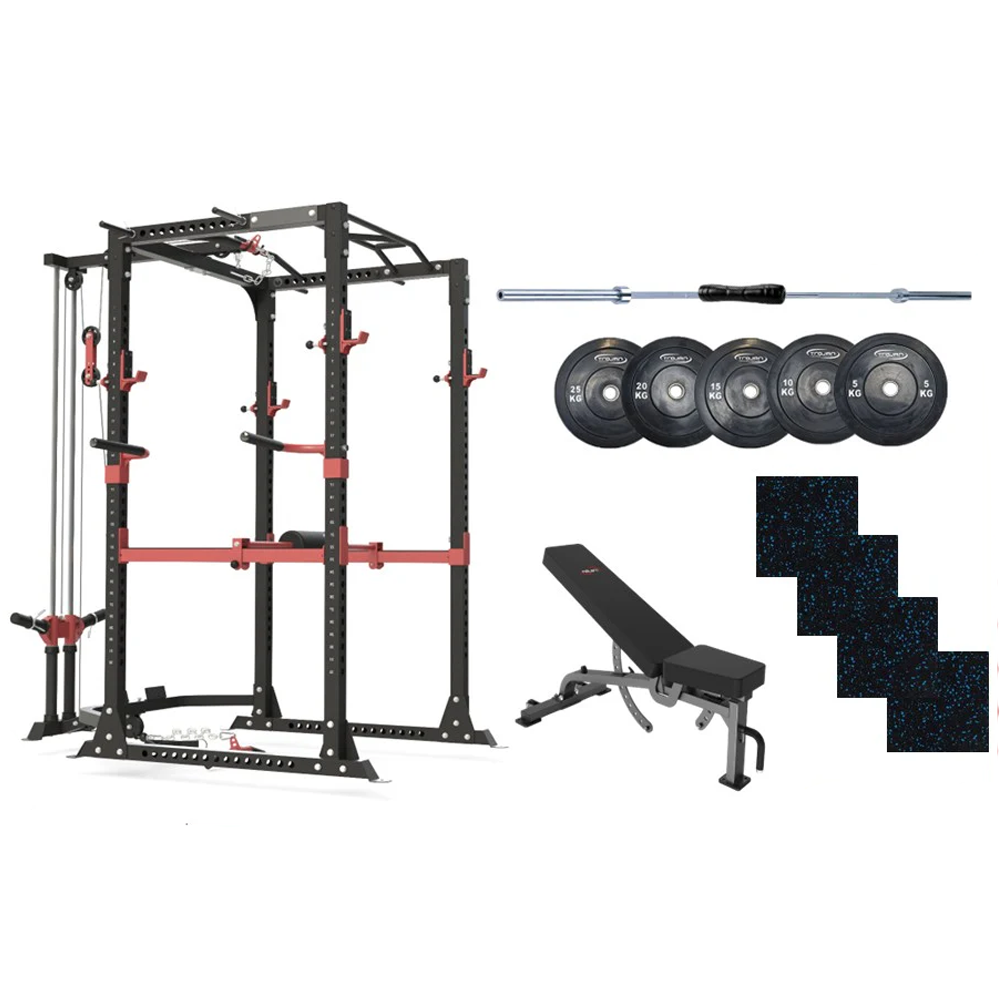 Power Rack + Lat | GT Bench | Olympic Barbell 7' 20 KG Bar + 4 m2 Floor + 150 Kg Olympic Bumper Plates