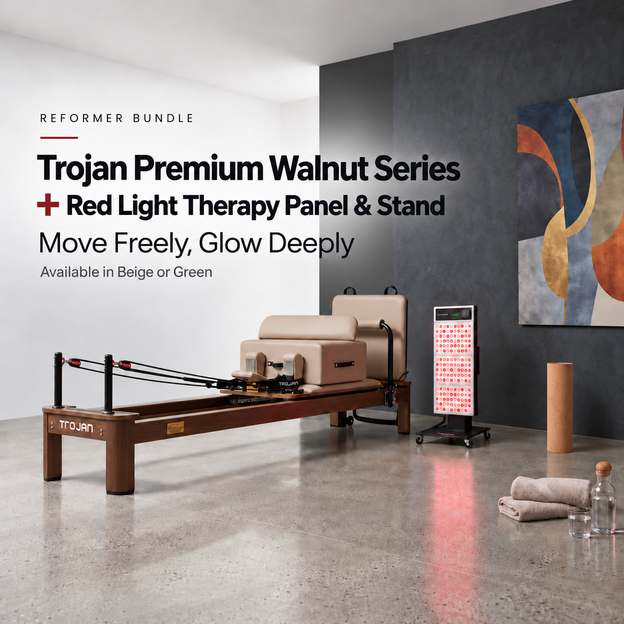 Premium Beige Aluminum Pilates Reformer – Wood-Effect Surface & Red Light Therapy Bundle