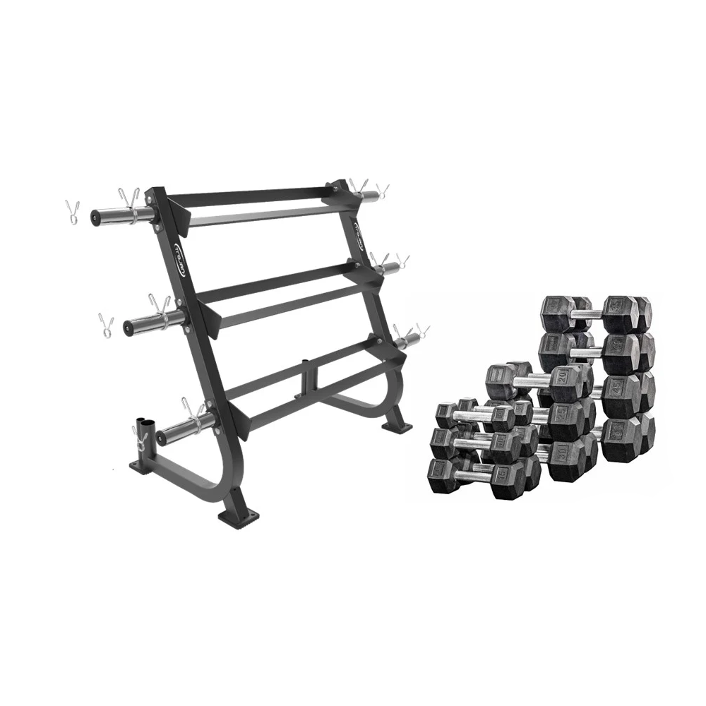 Rubber Hex Dumbbell Rack 3 Tier + Weight Plate & Barbell Storage + 366 Kg Rubber Dumbbells