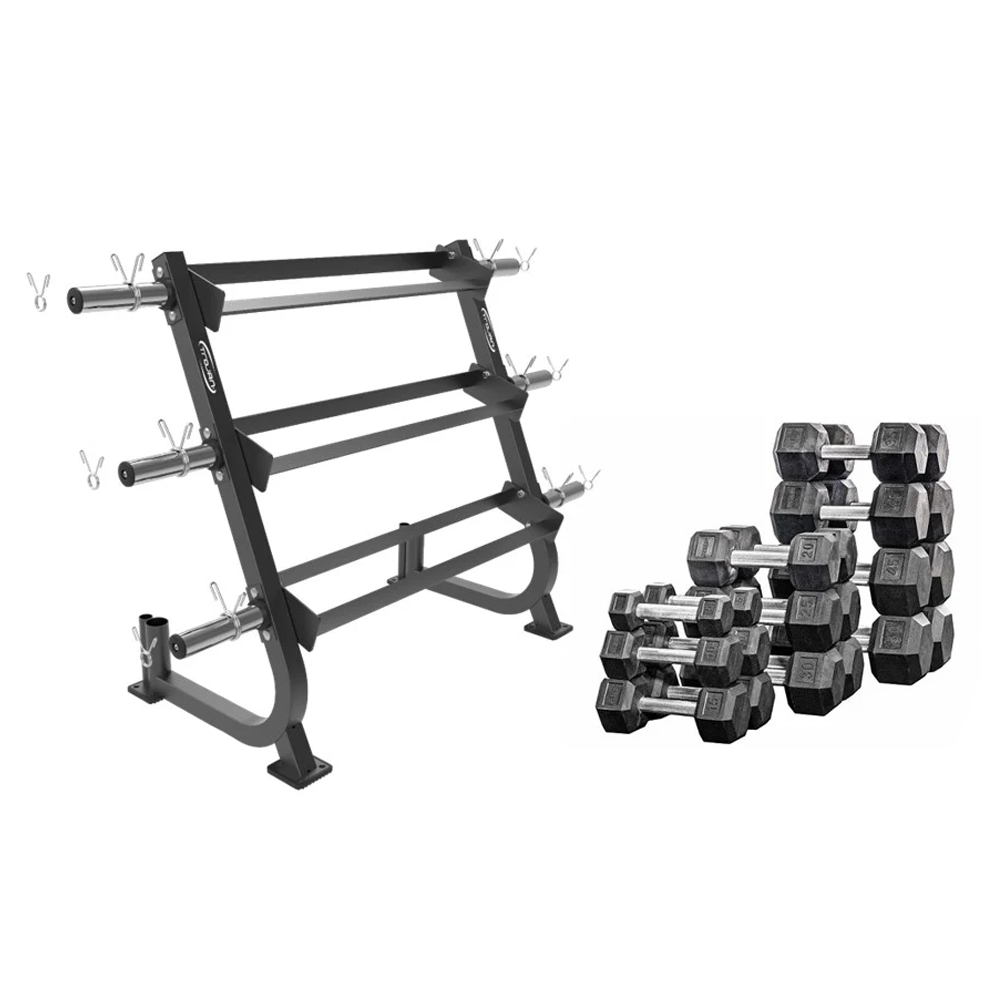 Rubber Hex Dumbbell Rack 3 Tier + Weight Plate & Barbell Storage + 565 Kg Rubber Dumbbells