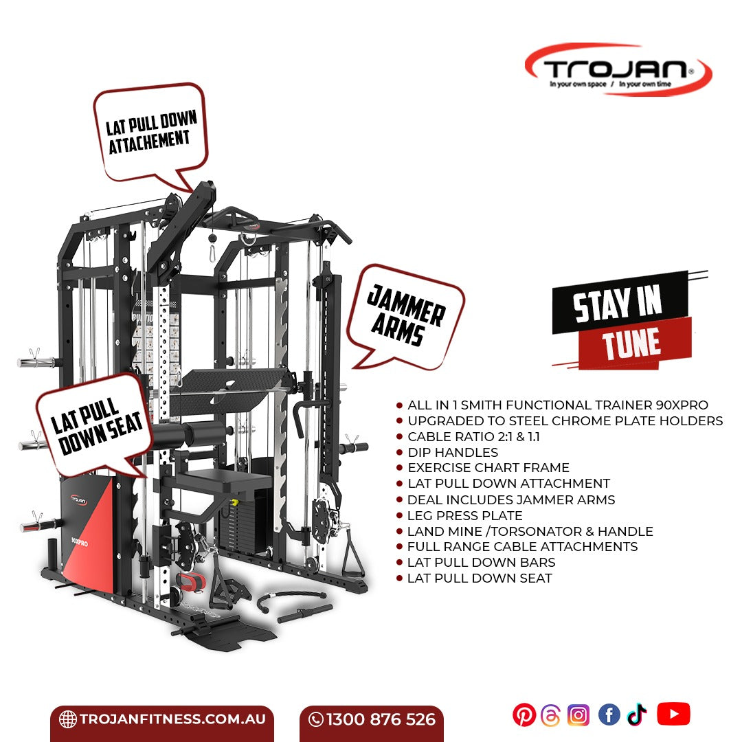 All in One Trainer 90XPRO Smith Functional Trainer 1:1 & 2:1 Cable Ratio + Leg Press + Seat & Lat Pull + Jamers