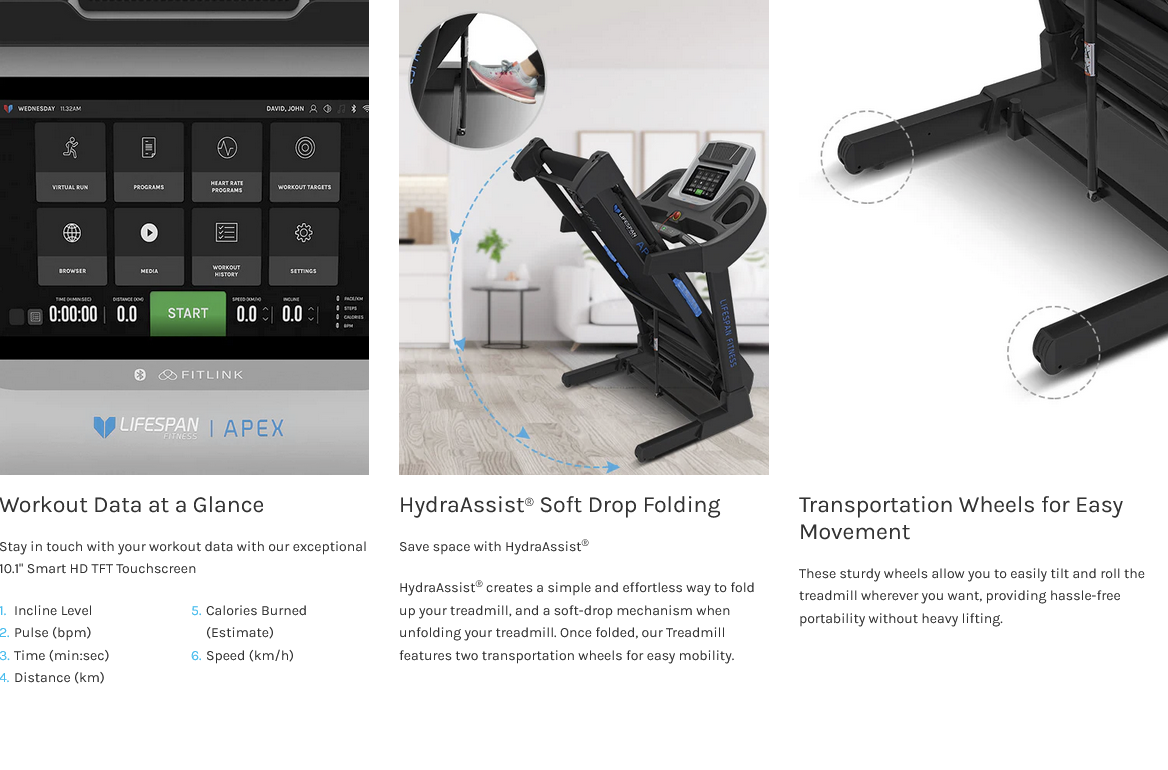 Lifespan Fitness Apex 2 Smart  10.1" Smart HD TFT Touchscreen Treadmill