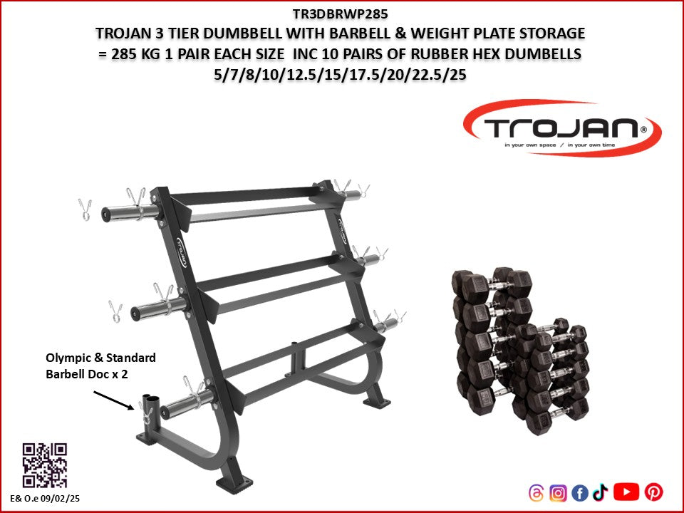 3-Tier Dumbbell Rack + 285kg Weights & Barbell Storage