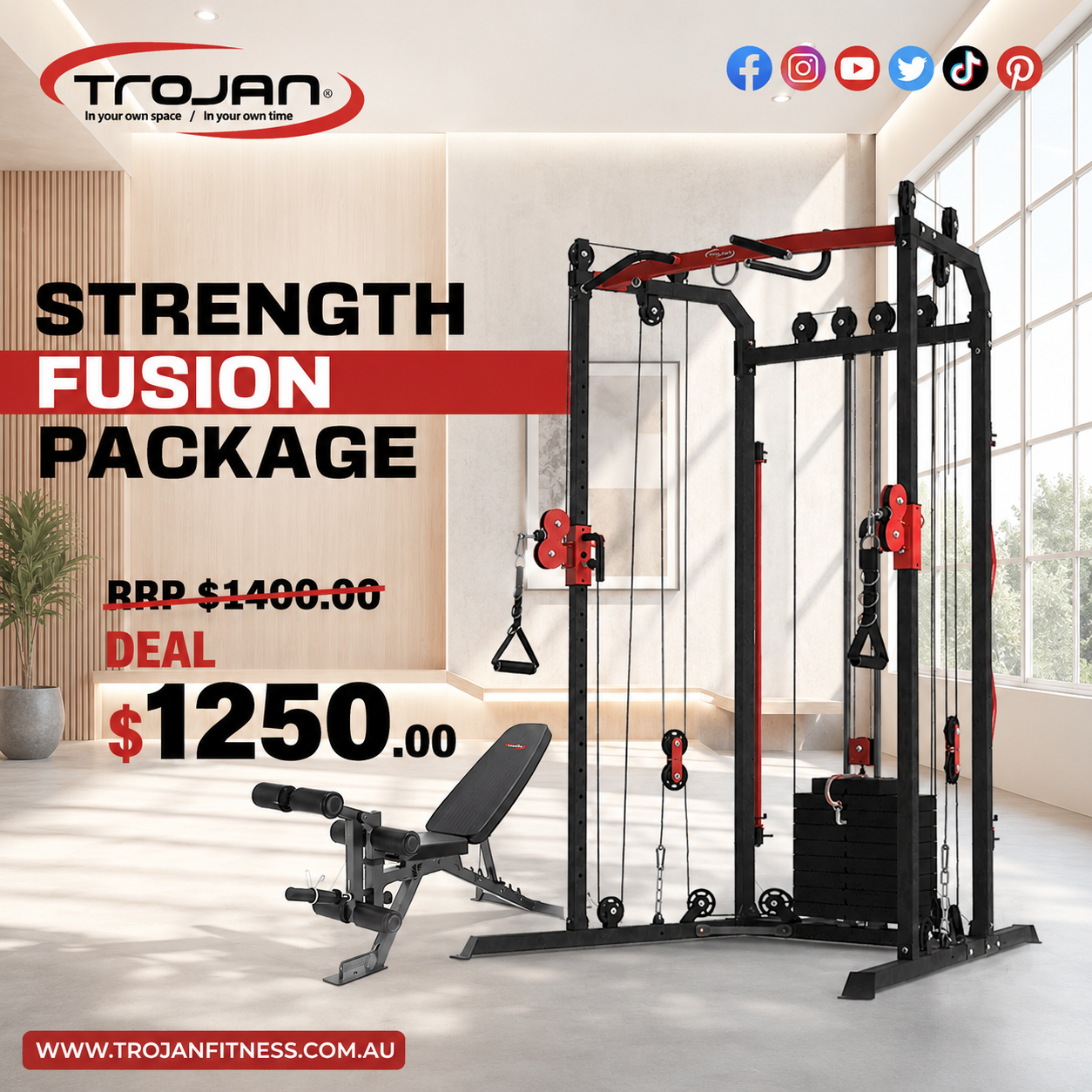 Functional Trainer & 60 Kg Stack Cable + FID Bench & Leg Ext