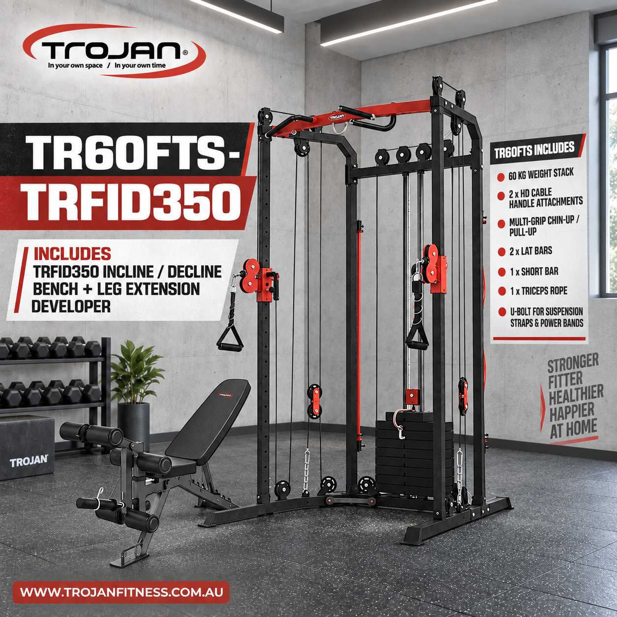 Functional Trainer & 60 Kg Stack Cable + FID Bench & Leg Ext