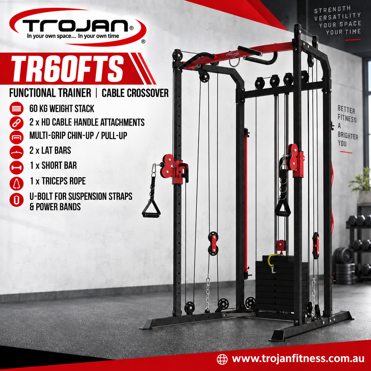 Functional Cable Cross Trainer + 60 Kg Weight Stack Inc 2 Lat Bars Full Range of Accessories