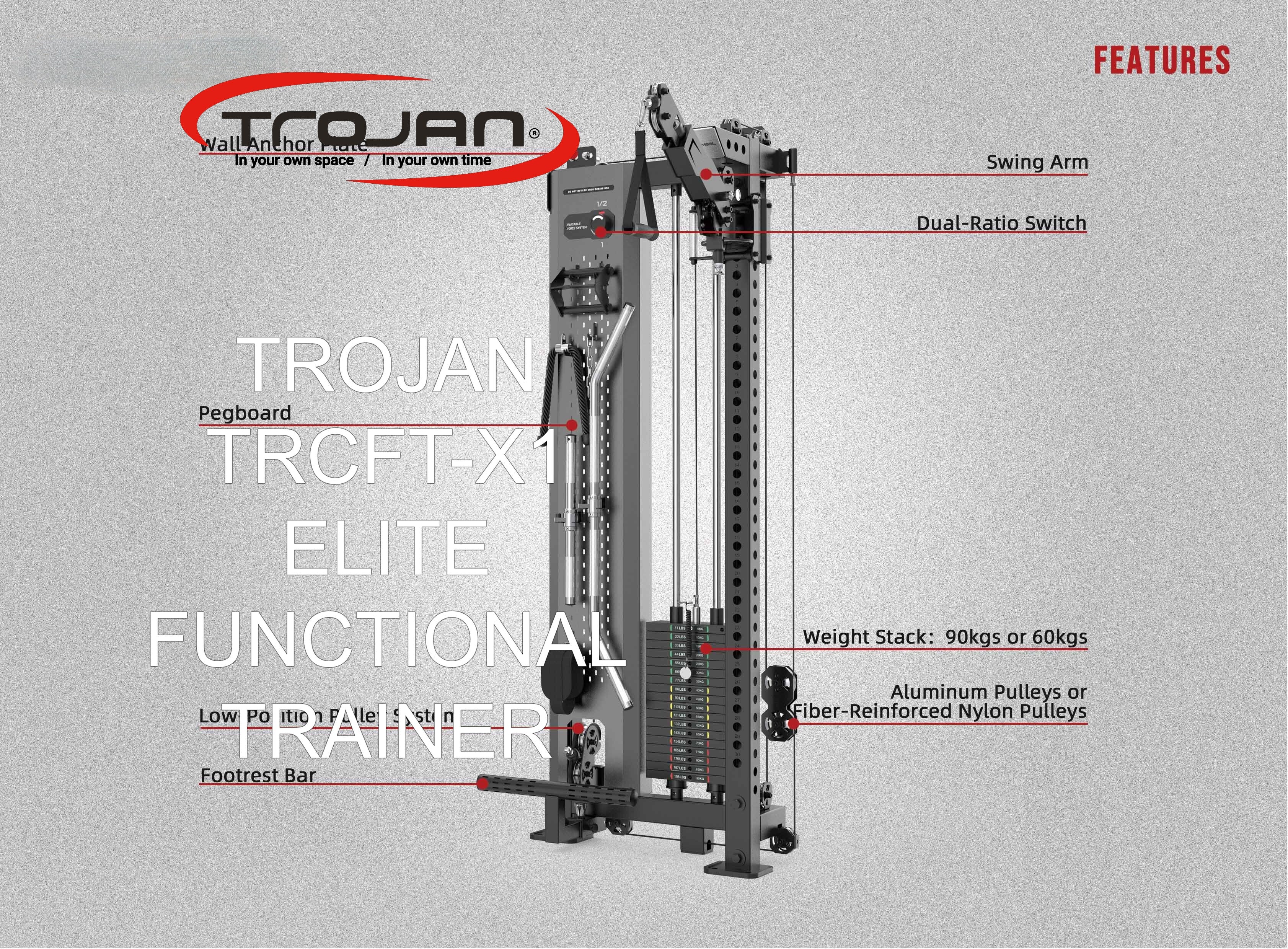 TRCFT-X1 ELITE Functional Trainer + SX1 Bench | Wall-Mount | 90kg Stack | 1:1–2:1 Ratio