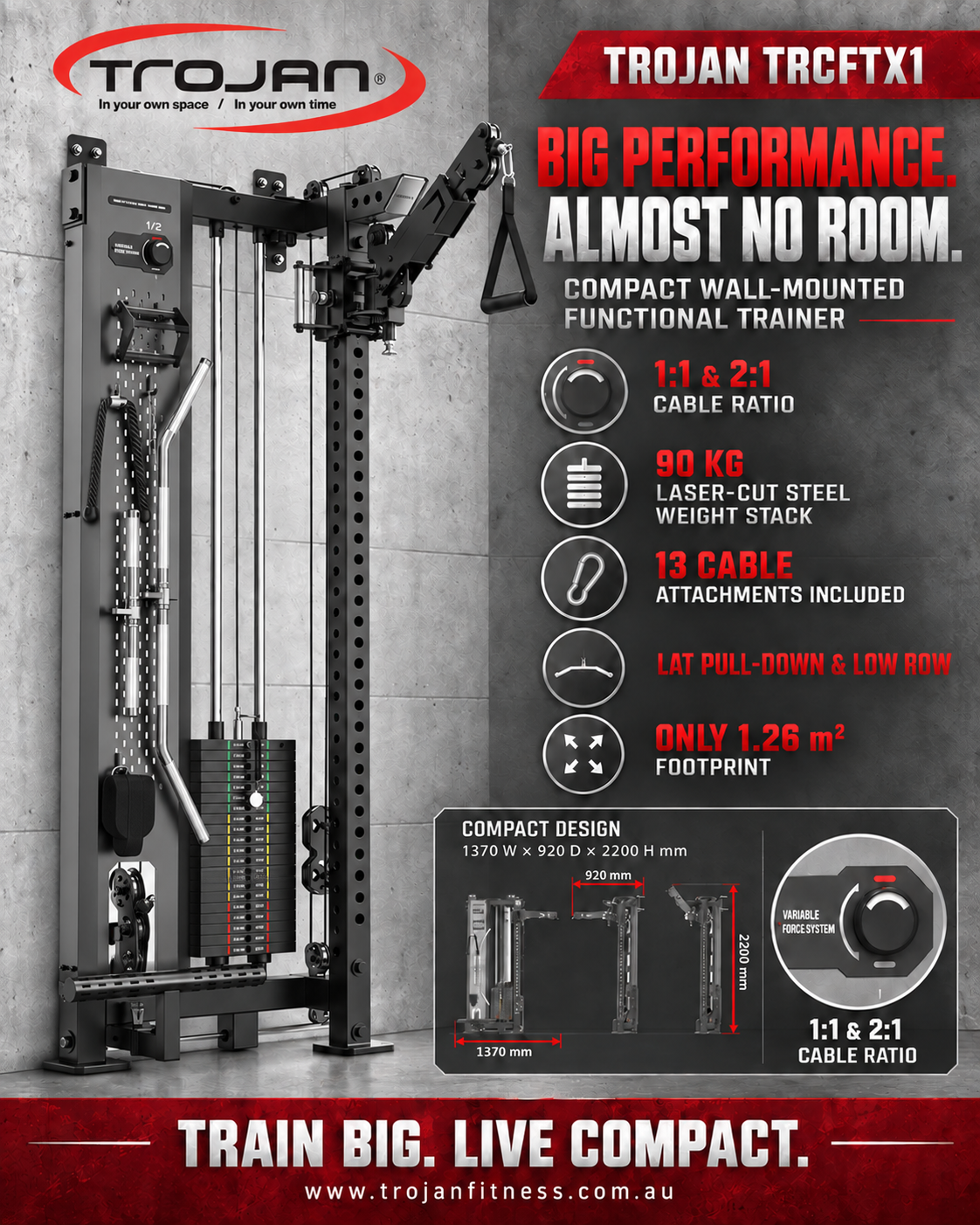 TRCFT-X1 ELITE Functional Trainer | Wall-Mounted Dual Cable System | 90kg Stack | 1:1 - 2:1 Cable Ratio