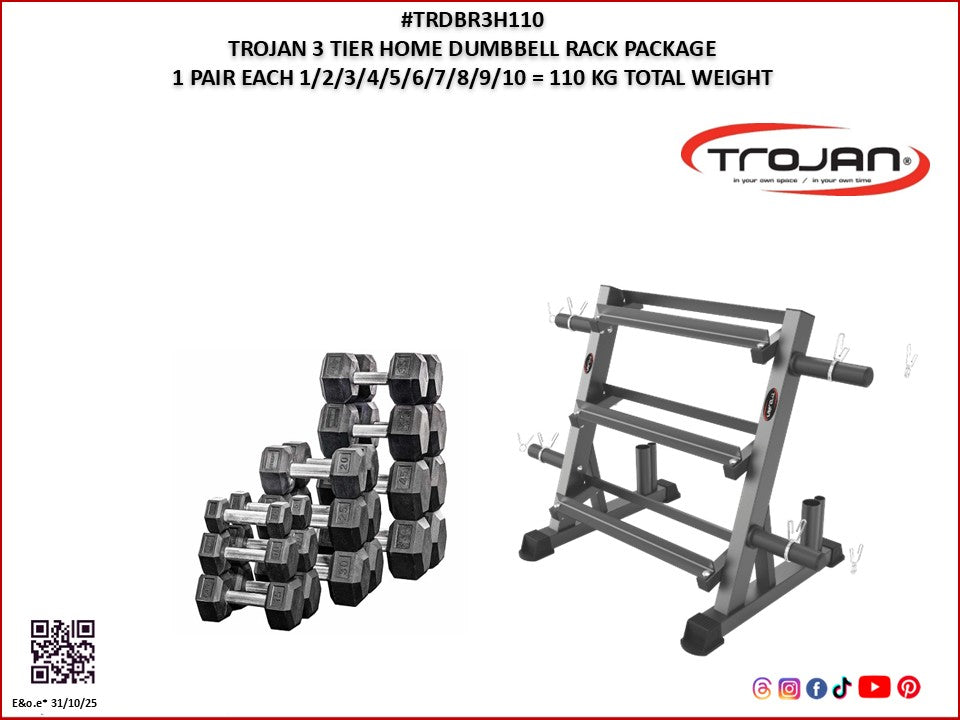 Dumbbell Rack 3 Tiers + 110 Kg Rubber Hex D/Bells