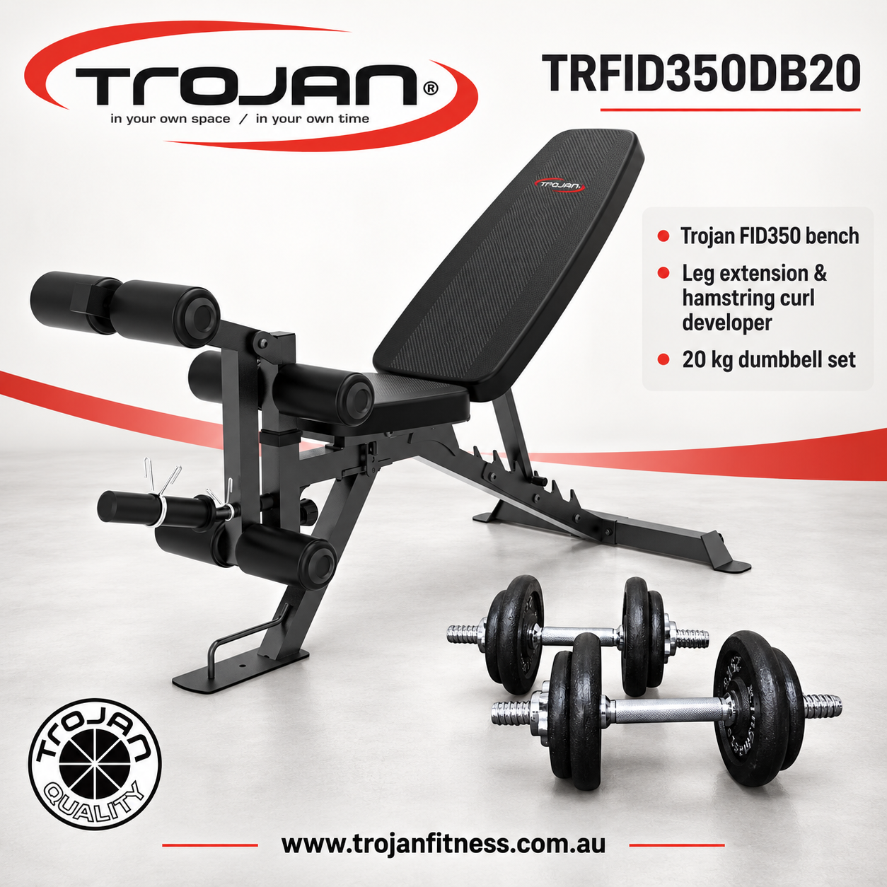 Exercise Bench FID Inc Leg Ext & Ham String Developer + 20 Kg D/Bell Set