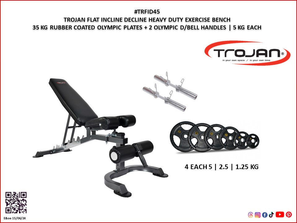 Trojan Folding Flat/Incline/Decline Bench + 35 Kg Olympic Plates & Dumbbell Handles
