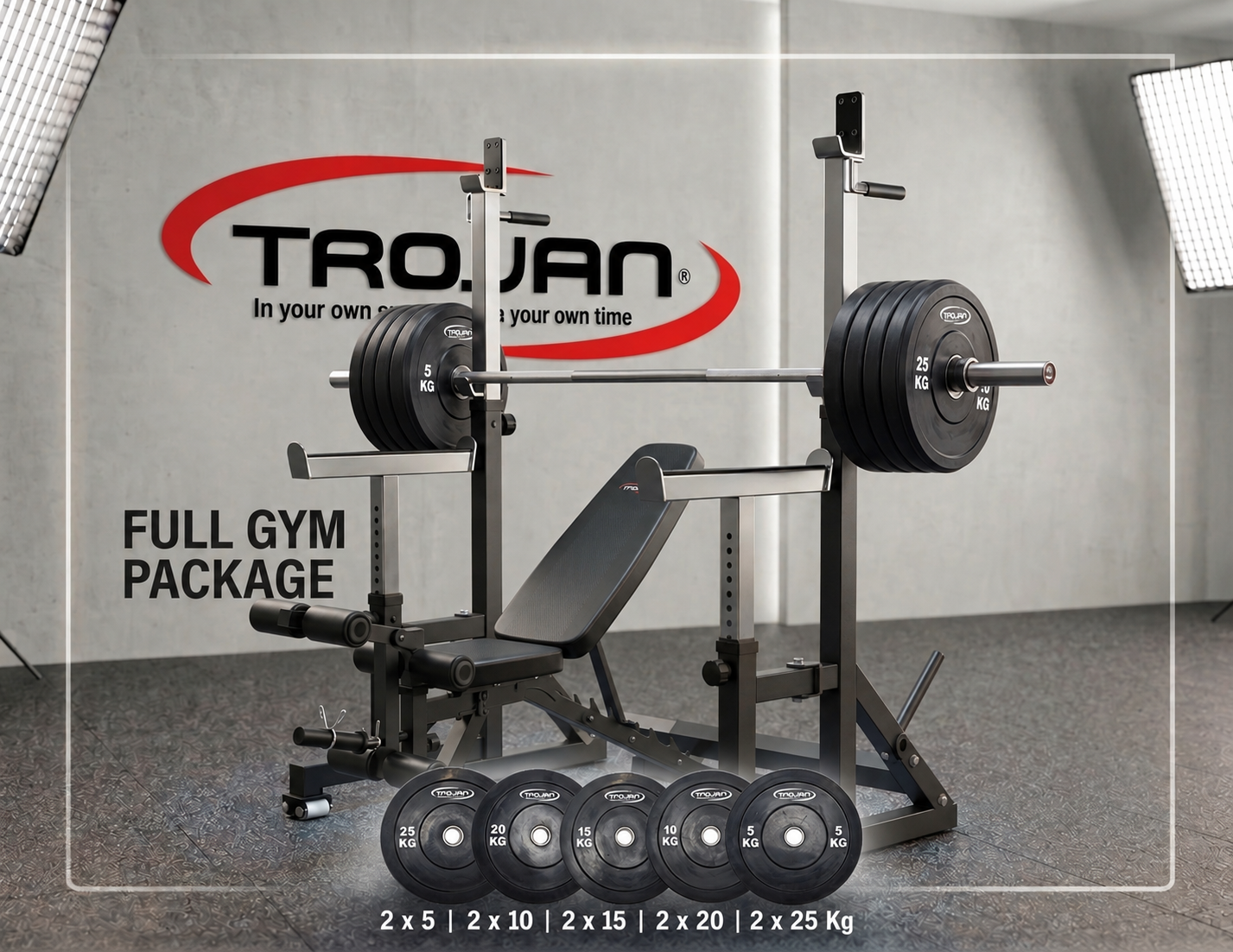 Trojan TRFSR Folding Squat Rack | TRFID350 Bench | 150 Kg Bumper Olympic Plates + 20 Kg Bar Pak